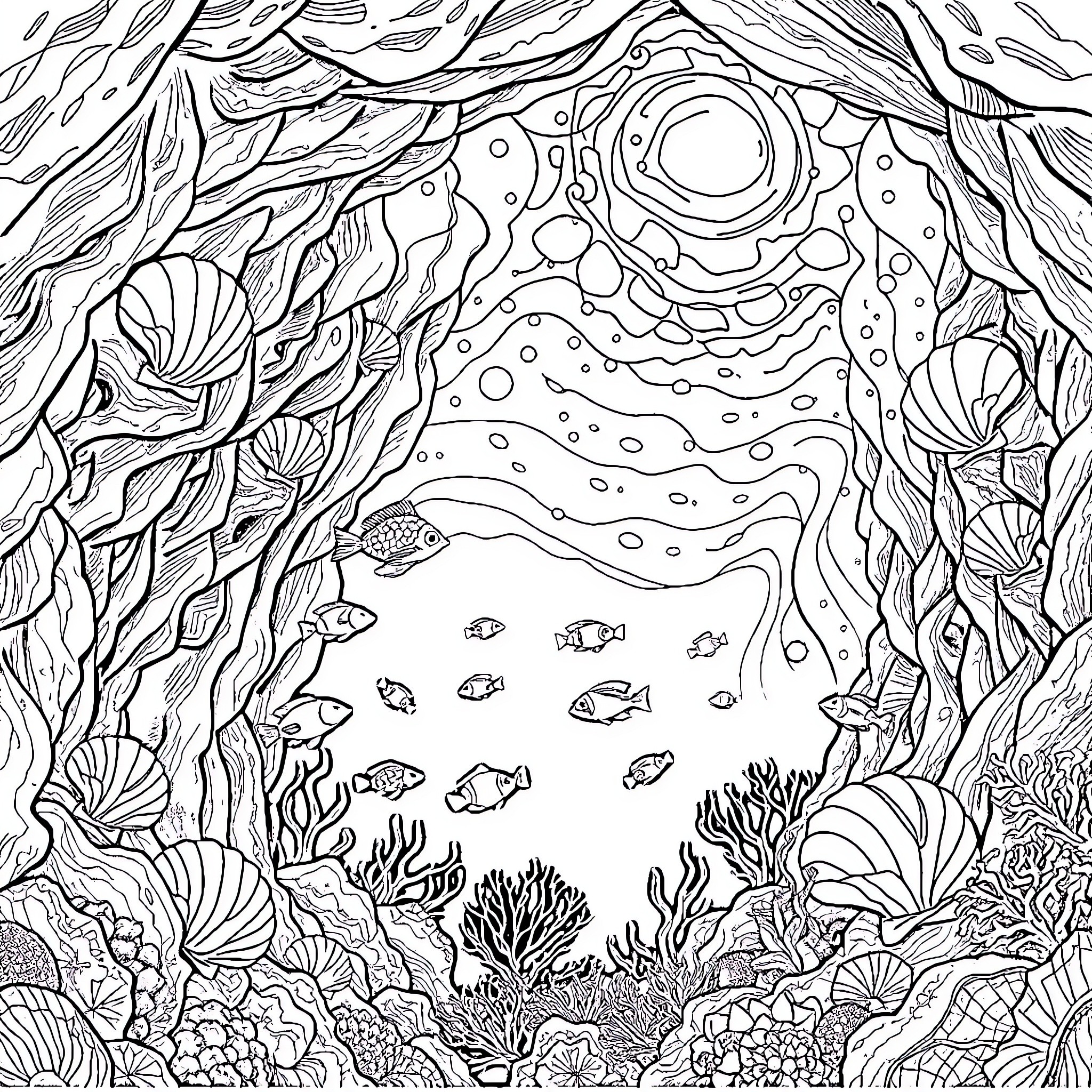 Mermaid's Underwater Wonderland Coloring Page (free black-and-white line drawing printable PDF for all, from beginners to advanced learners, including children, teens, adults, and seniors)