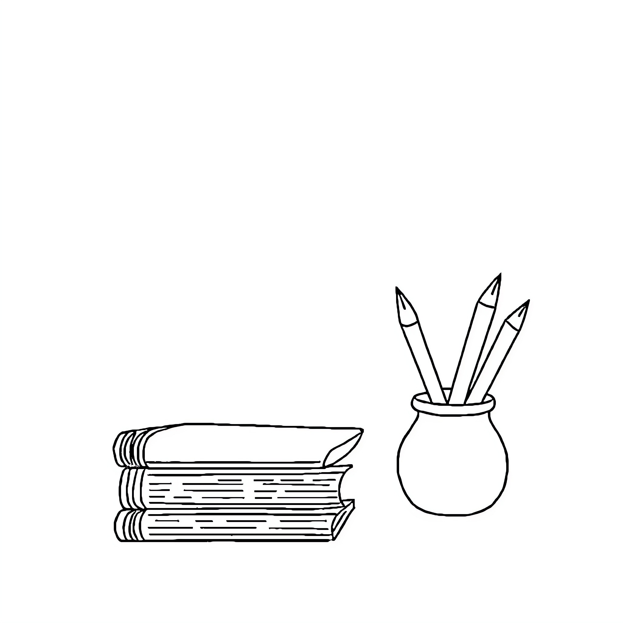 Present stacked books and pencil holder Coloring Page (free black-and-white line drawing printable PDF for all, from beginners to advanced learners, including children, teens, adults, and seniors)