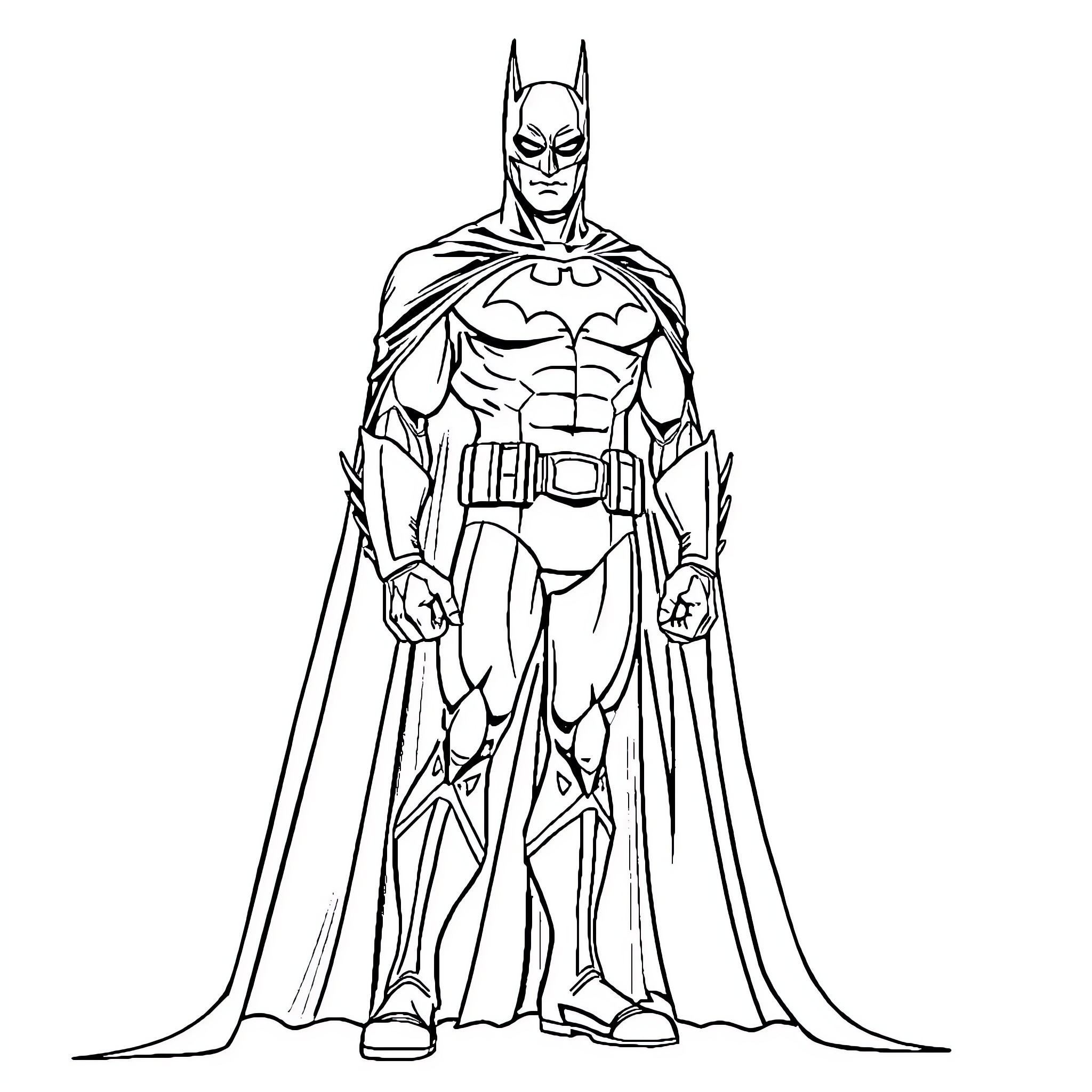 Batman in iconic superhero pose Coloring Page (free black-and-white line drawing printable PDF for all, from beginners to advanced learners, including children, teens, adults, and seniors)