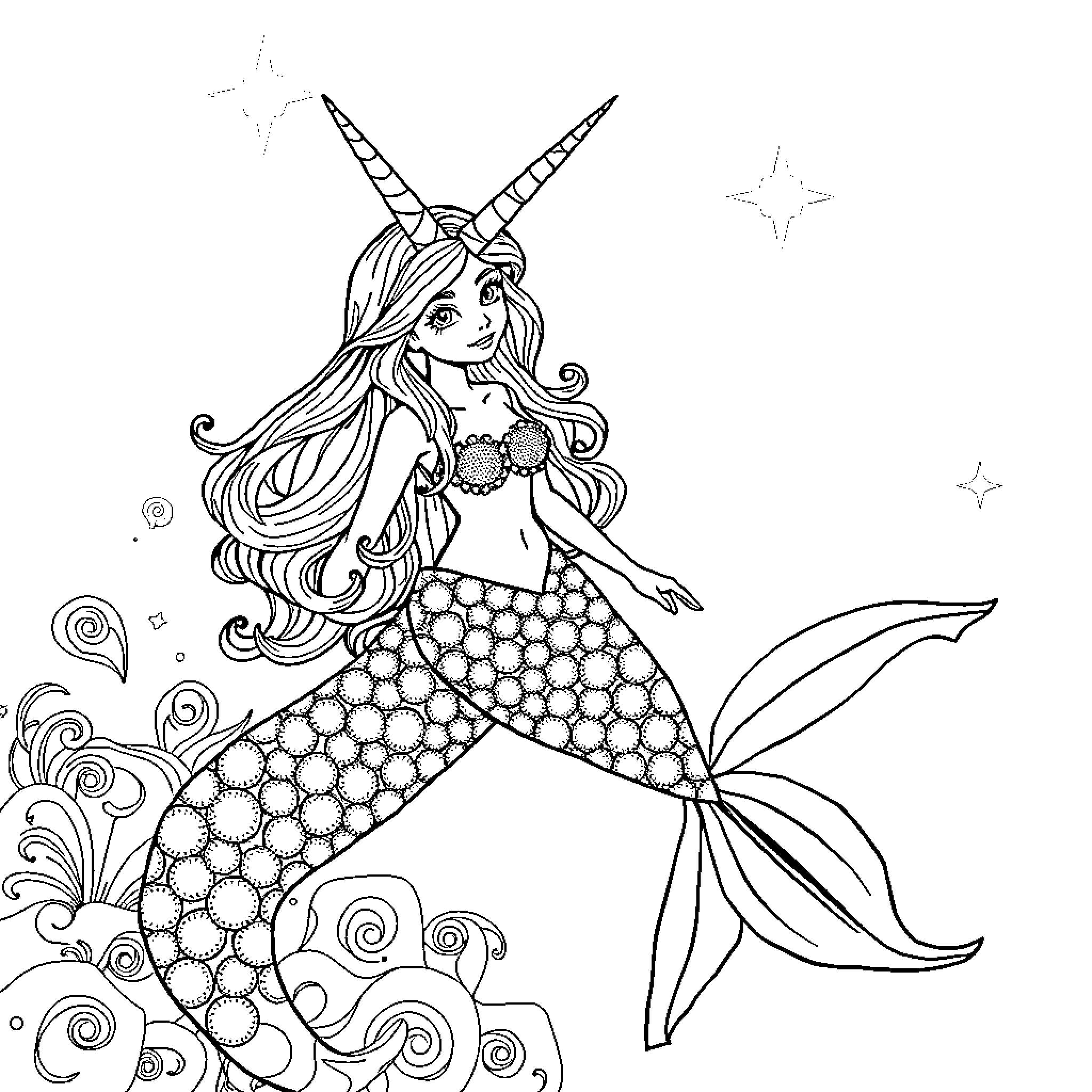 Mermaid Unicorn Enchantress Exploring the Underwater Realm Coloring Page (free black-and-white line drawing printable PDF for all, from beginners to advanced learners, including children, teens, adults, and seniors)