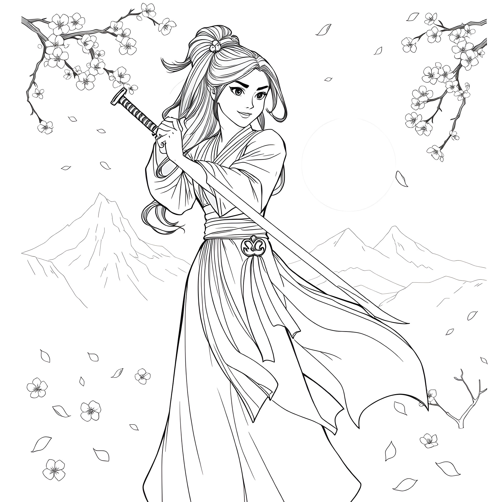Mulan with a sword, in a traditional oriental outfit Coloring Page (free black-and-white line drawing printable PDF for all, from beginners to advanced learners, including children, teens, adults, and seniors)