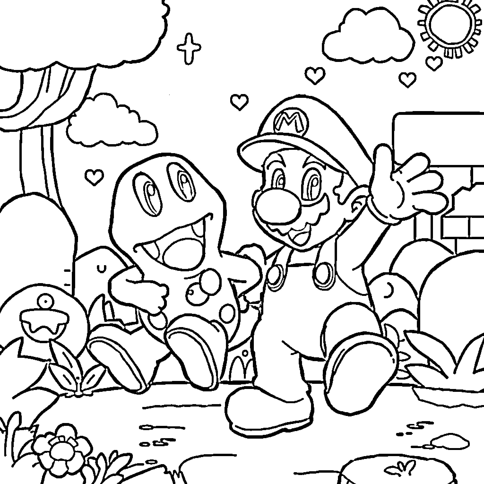 Mario exploring cheerful outdoor scene Coloring Page (free black-and-white line drawing printable PDF for all, from beginners to advanced learners, including children, teens, adults, and seniors)