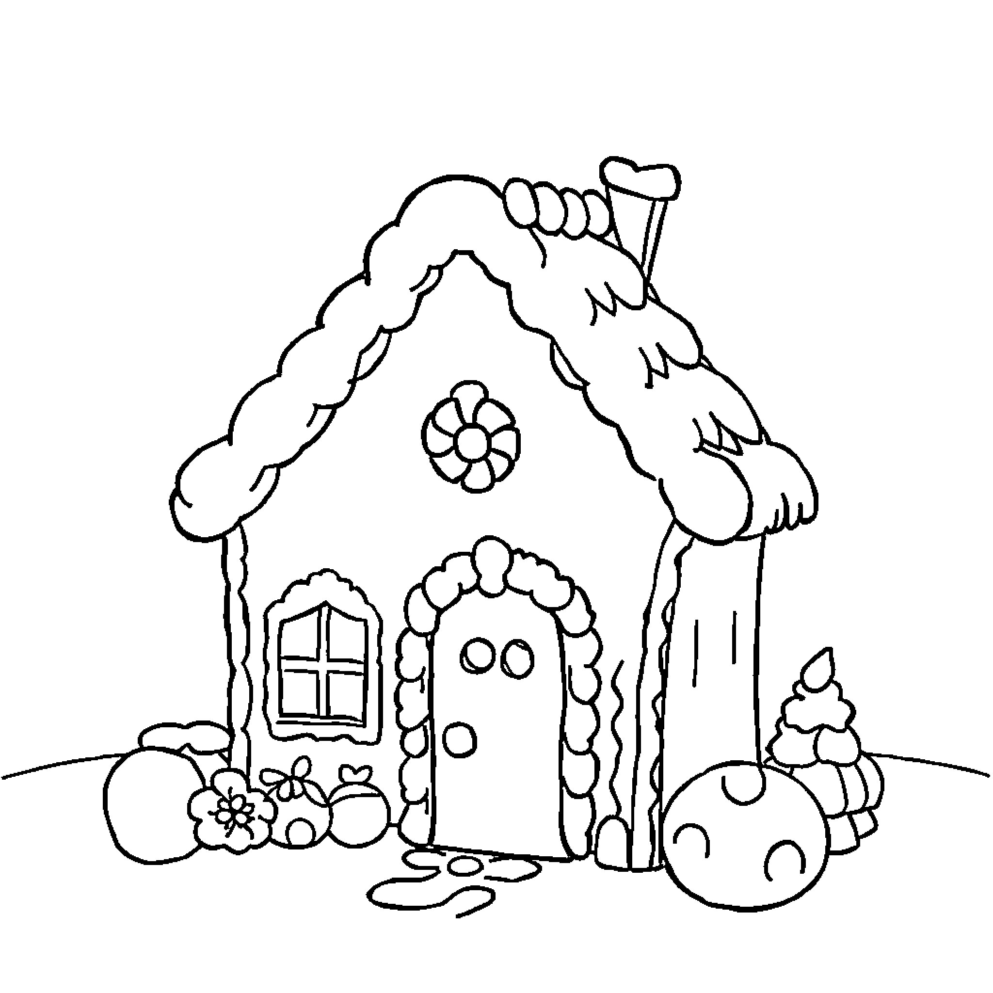 Gingerbread House with Whimsical Decor and Surroundings Coloring Page (free black-and-white line drawing printable PDF for all, from beginners to advanced learners, including children, teens, adults, and seniors)