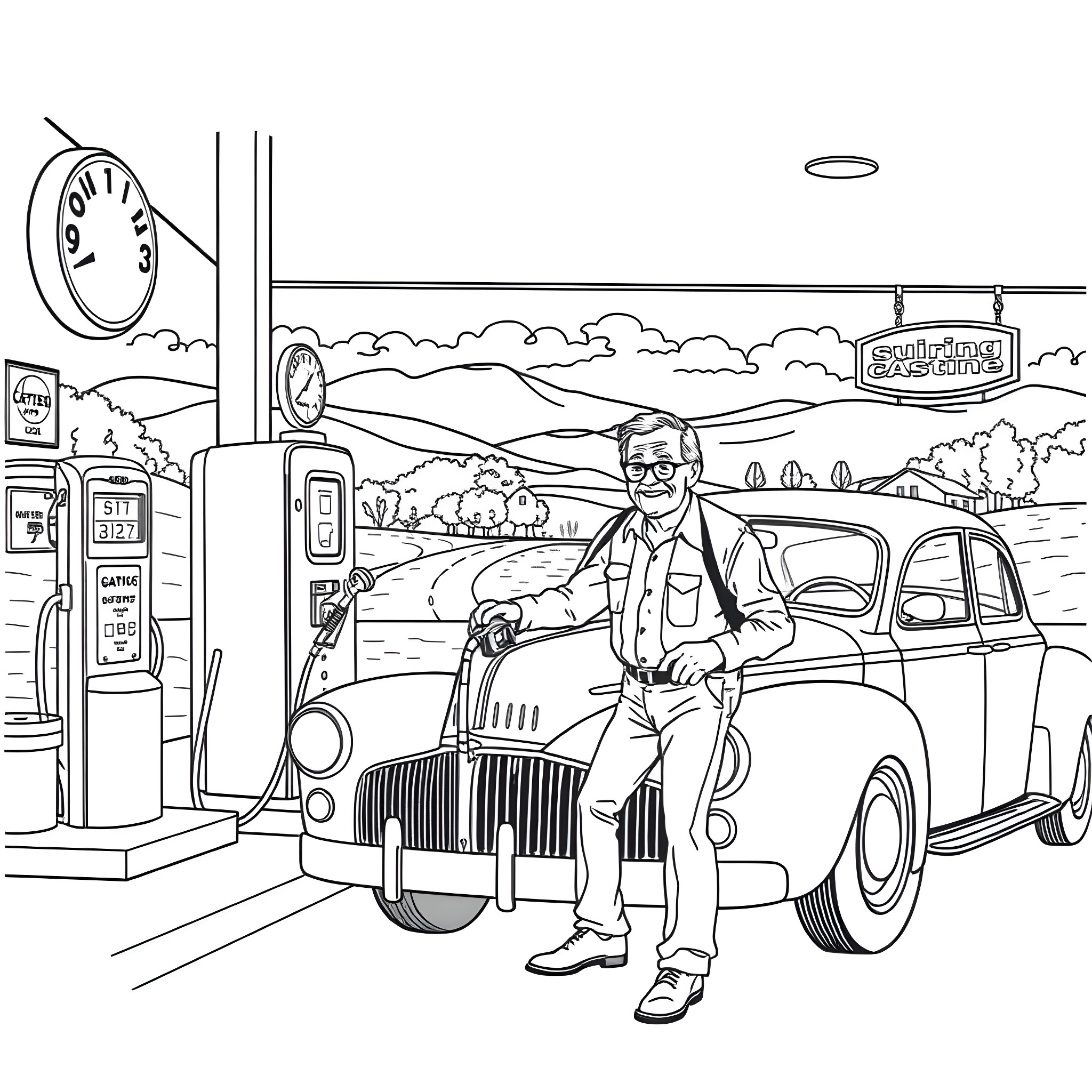 Grandpa's Classic Car at the Gas Station Coloring Page (free black-and-white line drawing printable PDF for all, from beginners to advanced learners, including children, teens, adults, and seniors)