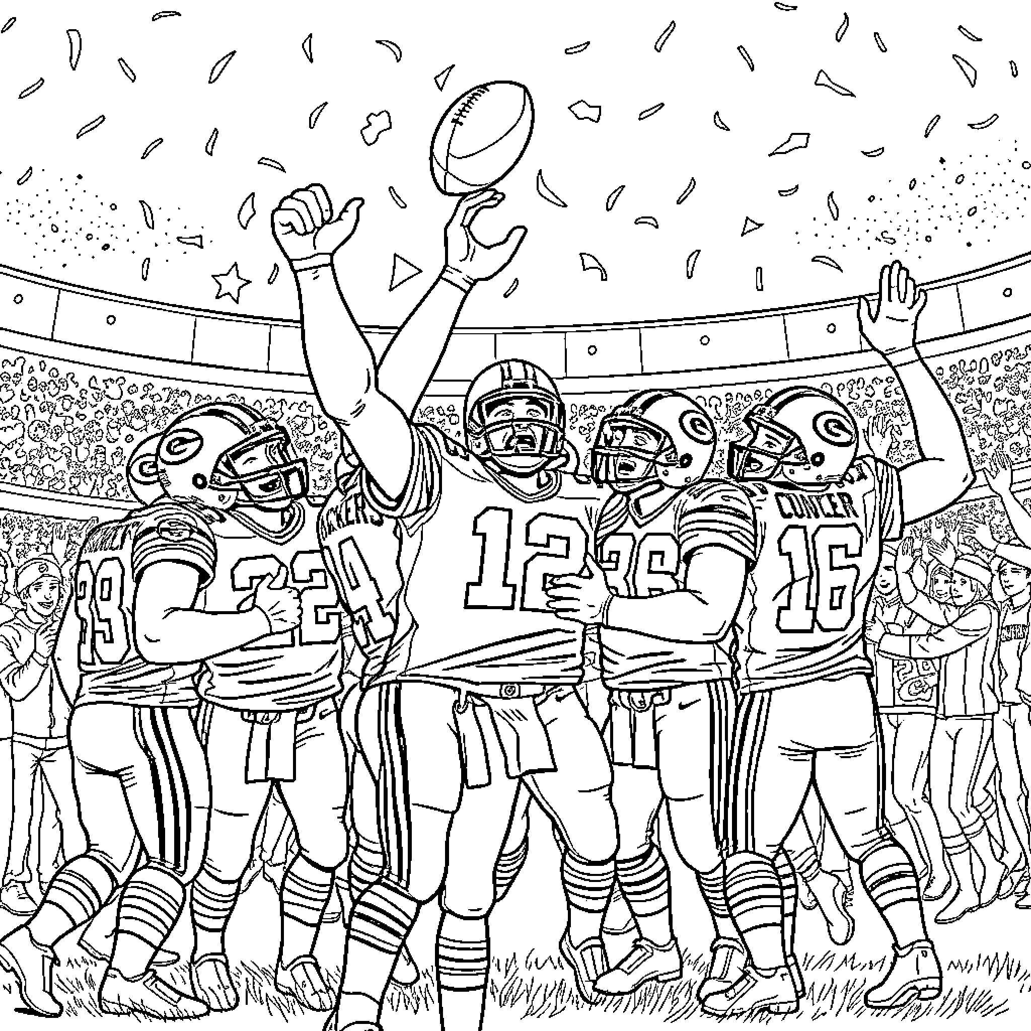 Green Bay Packers Celebrate Victory on the Field Coloring Page (free black-and-white line drawing printable PDF for all, from beginners to advanced learners, including children, teens, adults, and seniors)