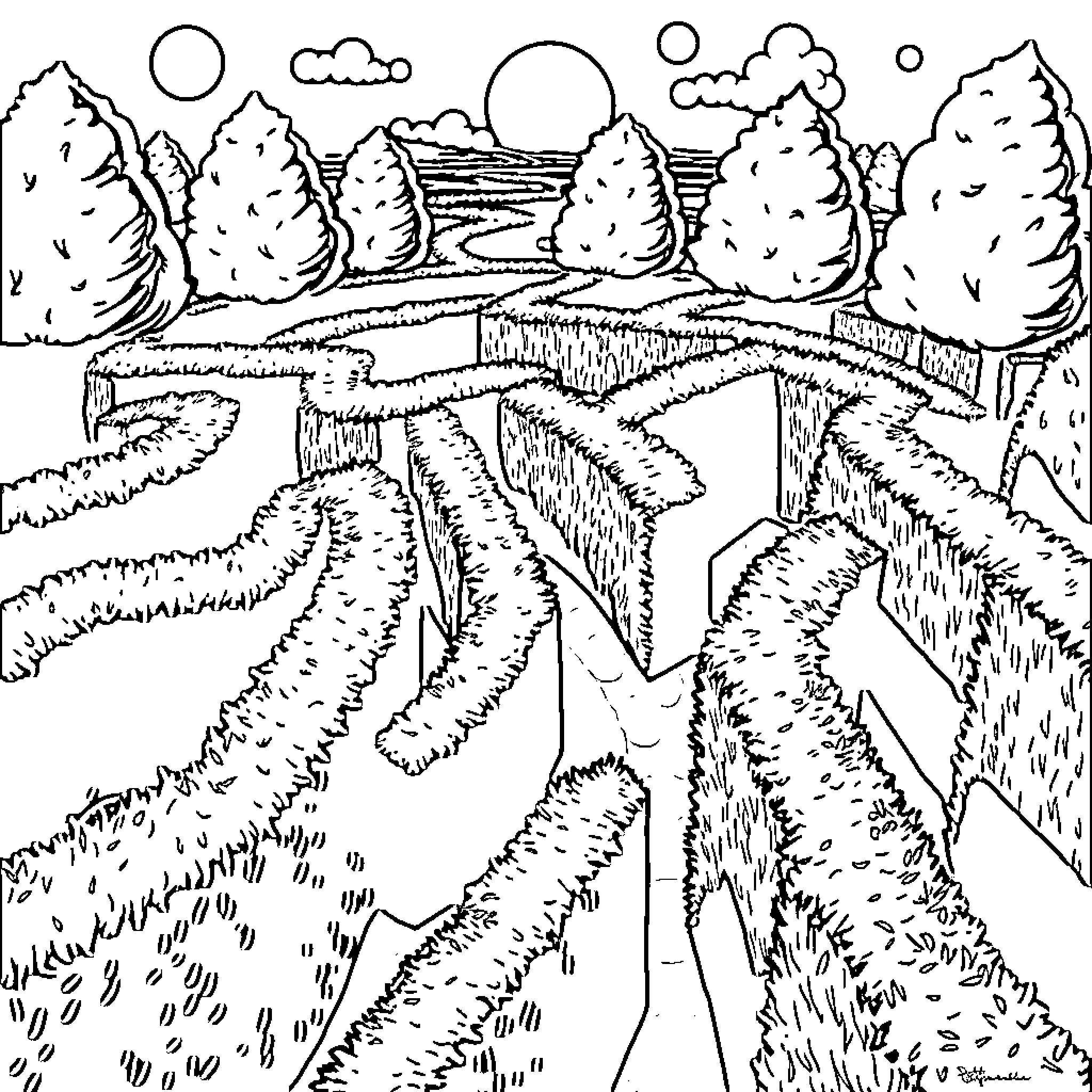 Labyrinth of winding paths through the forest Coloring Page (free black-and-white line drawing printable PDF for all, from beginners to advanced learners, including children, teens, adults, and seniors)