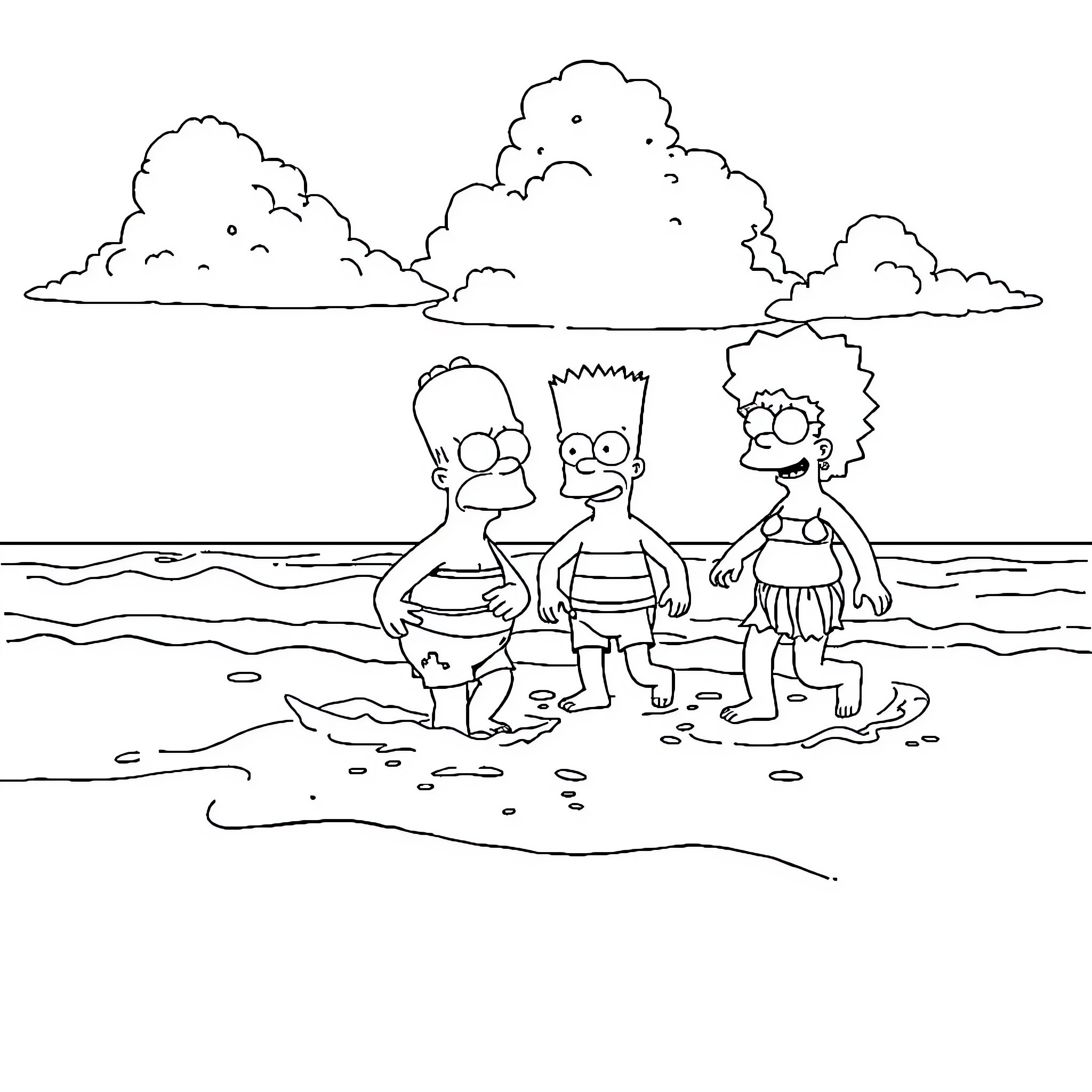 Simpsons family enjoying a beach day Coloring Page (free black-and-white line drawing printable PDF for all, from beginners to advanced learners, including children, teens, adults, and seniors)