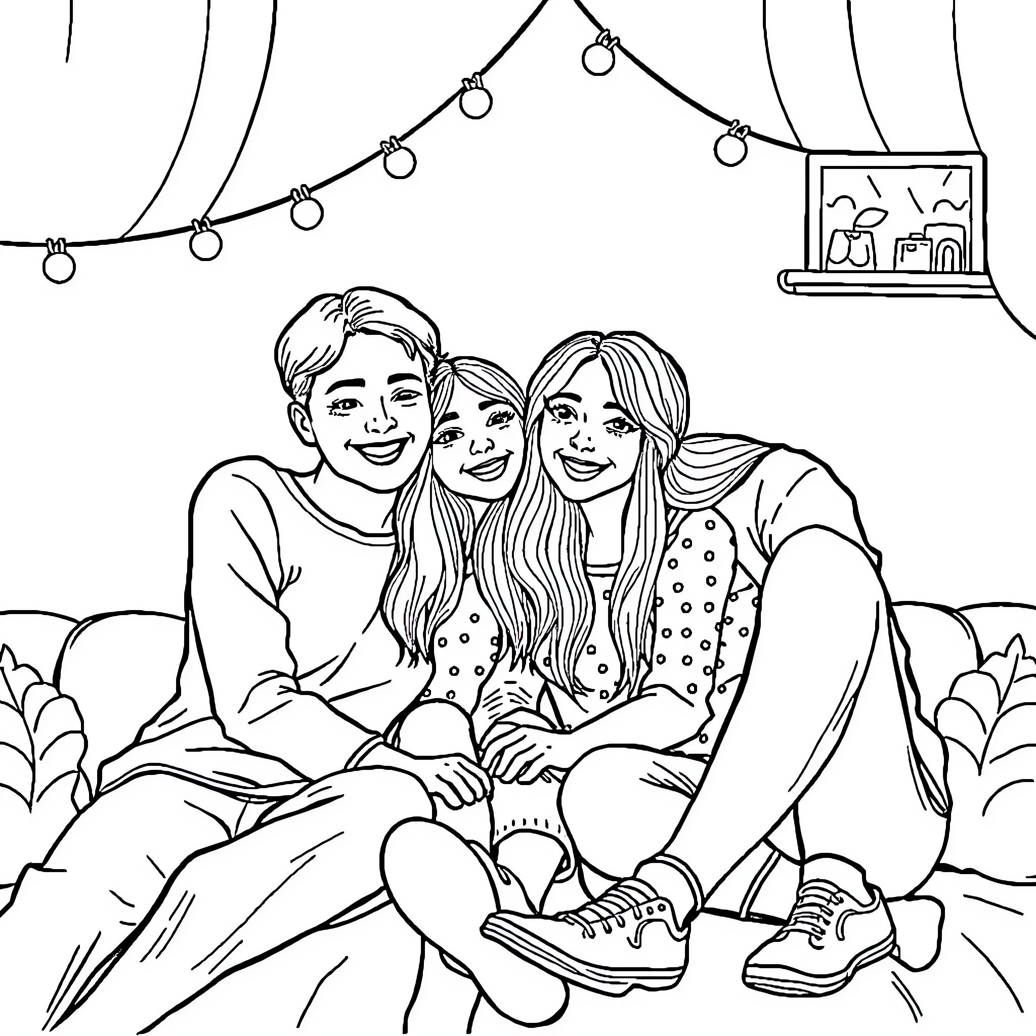 Friend enjoying an evening together outdoors Coloring Page (free black-and-white line drawing printable PDF for all, from beginners to advanced learners, including children, teens, adults, and seniors)
