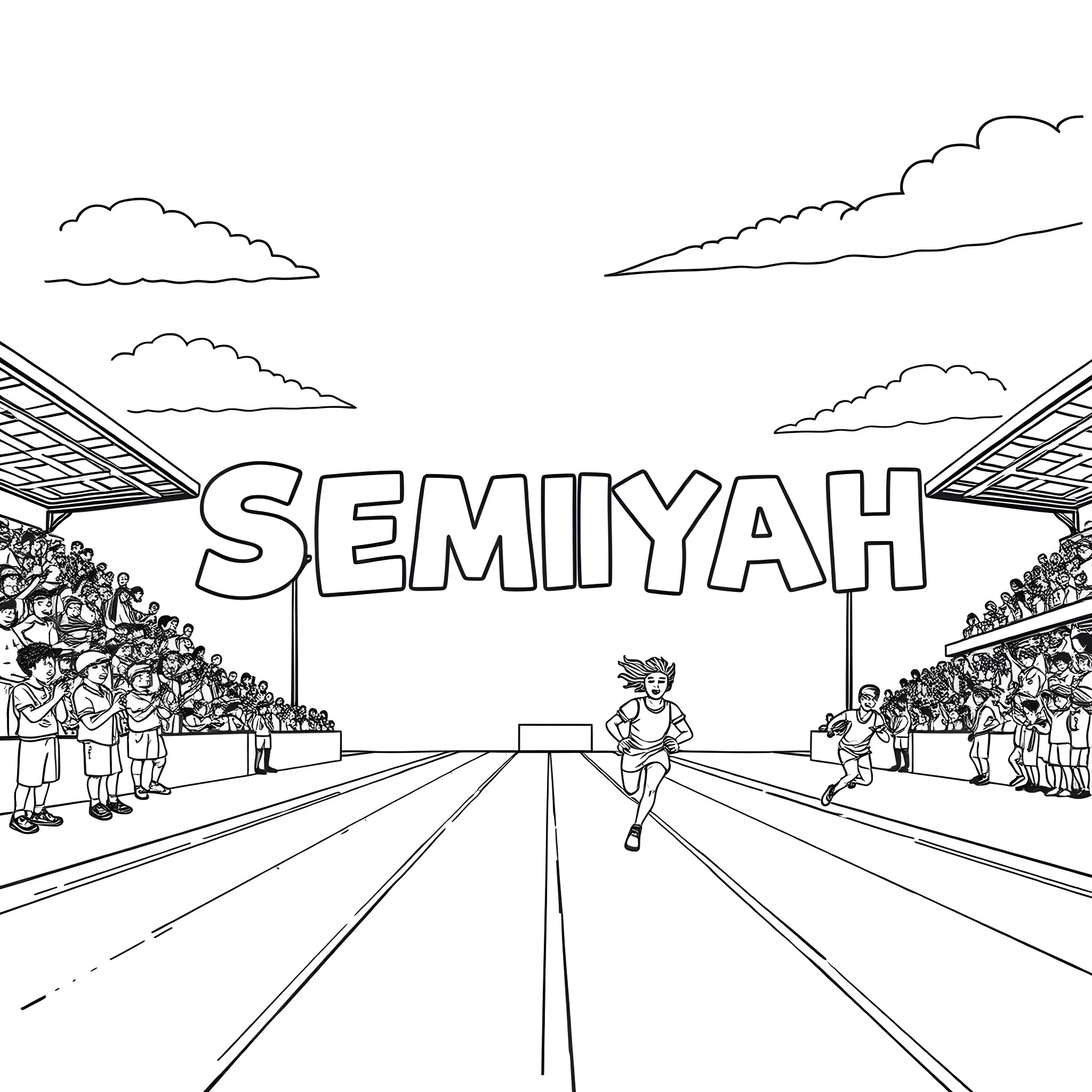 Semiiiyah - Running on Track in Sports Competition Coloring Page (free black-and-white line drawing printable PDF for all, from beginners to advanced learners, including children, teens, adults, and seniors)