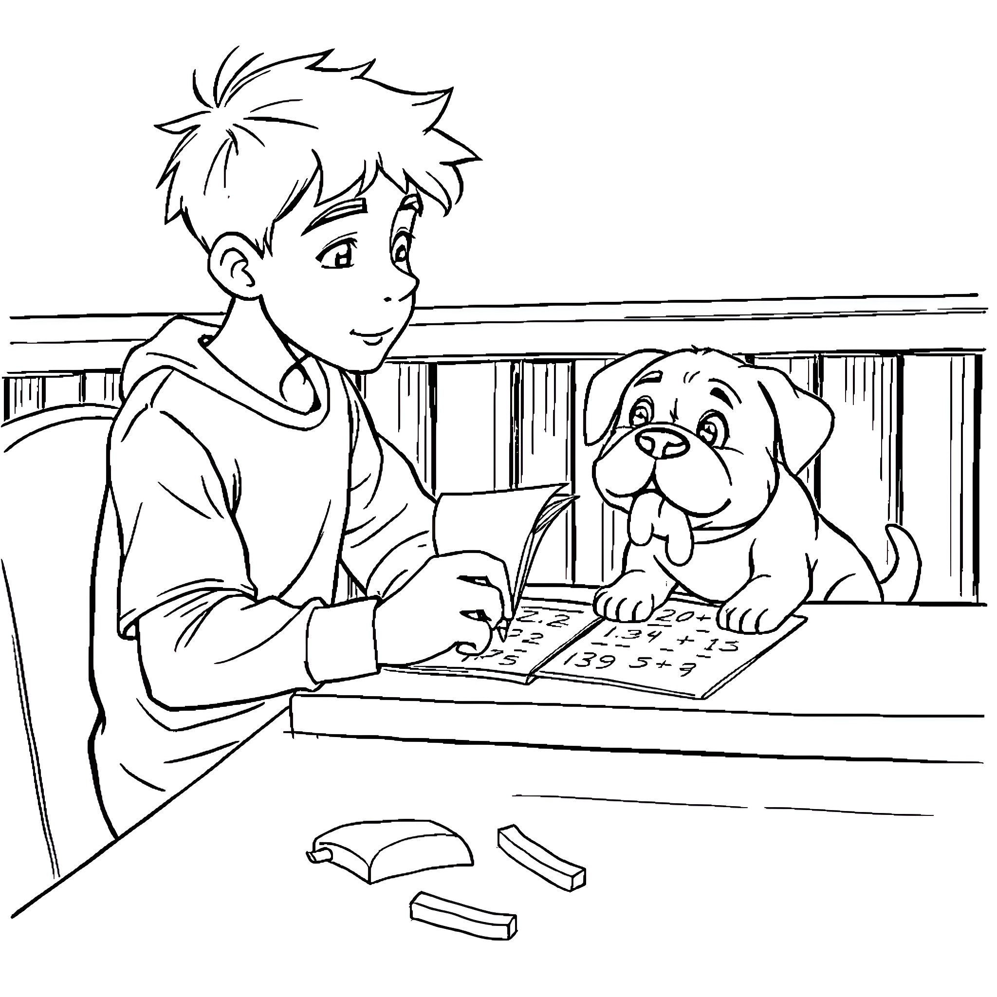 Teenager studying with a dog at home Coloring Page (free black-and-white line drawing printable PDF for all, from beginners to advanced learners, including children, teens, adults, and seniors)