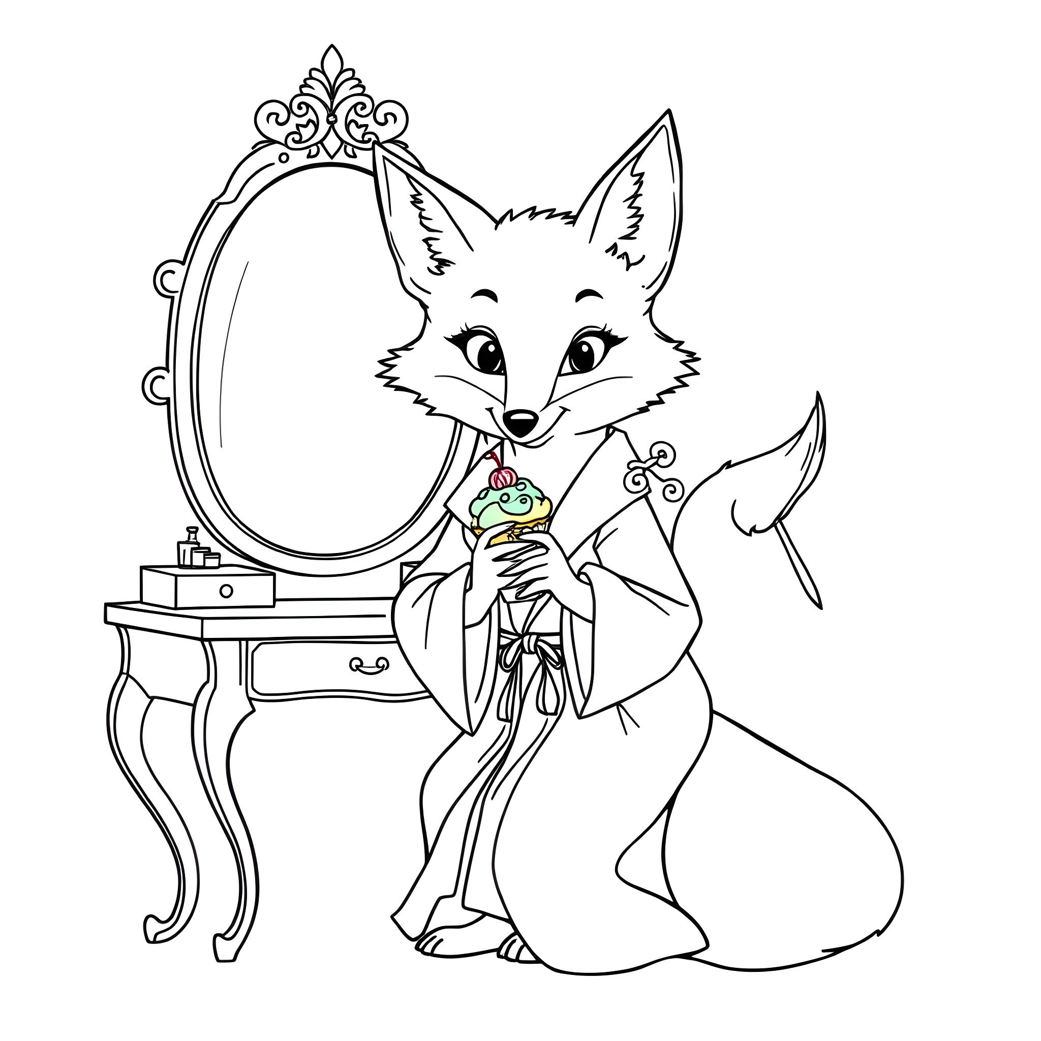 Fox admiring itself in ornate mirror Coloring Page (free black-and-white line drawing printable PDF for all, from beginners to advanced learners, including children, teens, adults, and seniors)