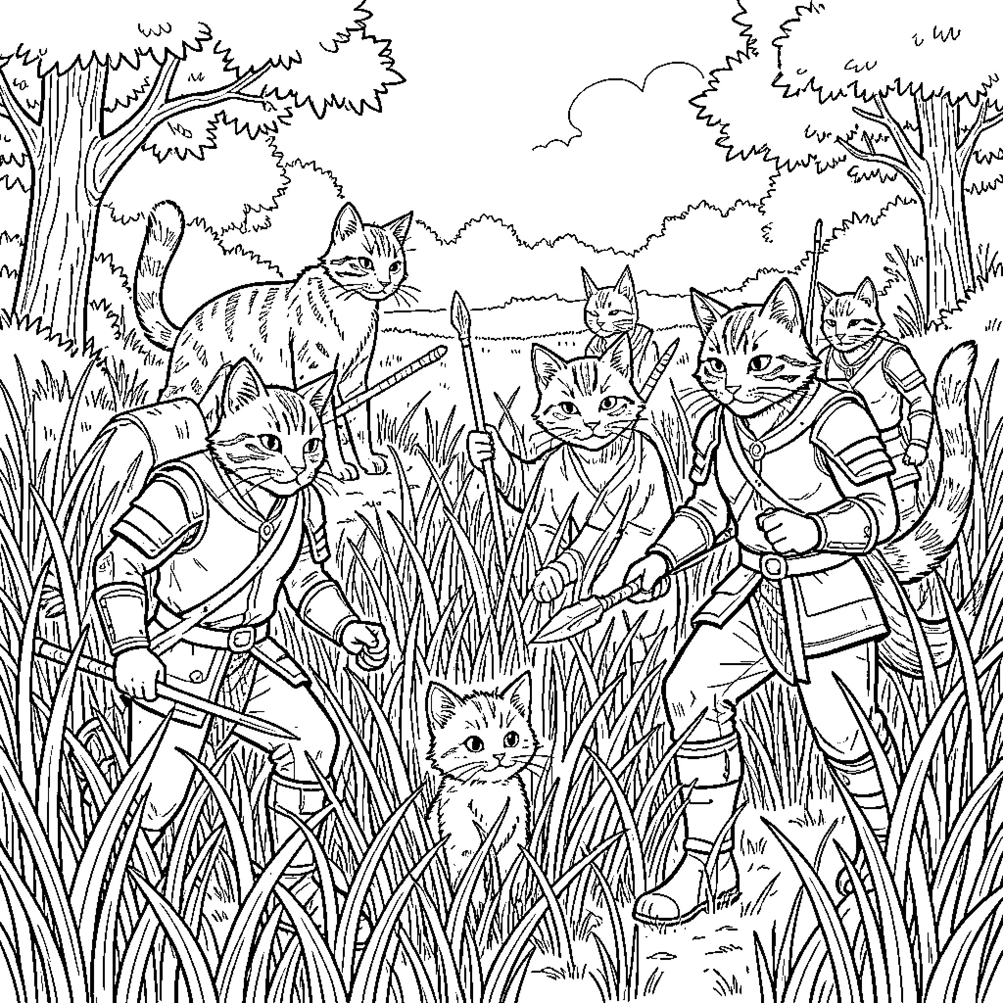 Warrior Cat adventurers exploring a grassy wilderness Coloring Page (free black-and-white line drawing printable PDF for all, from beginners to advanced learners, including children, teens, adults, and seniors)