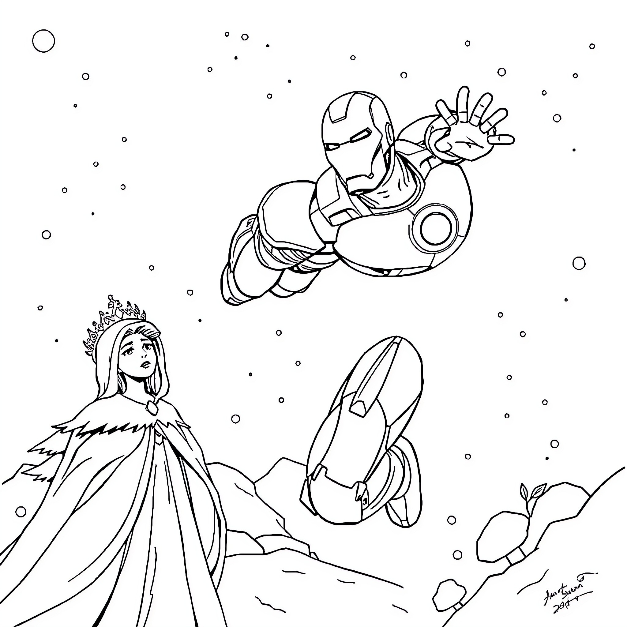 Iron Man's heroic flight over a winter wonderland Coloring Page (free black-and-white line drawing printable PDF for all, from beginners to advanced learners, including children, teens, adults, and seniors)