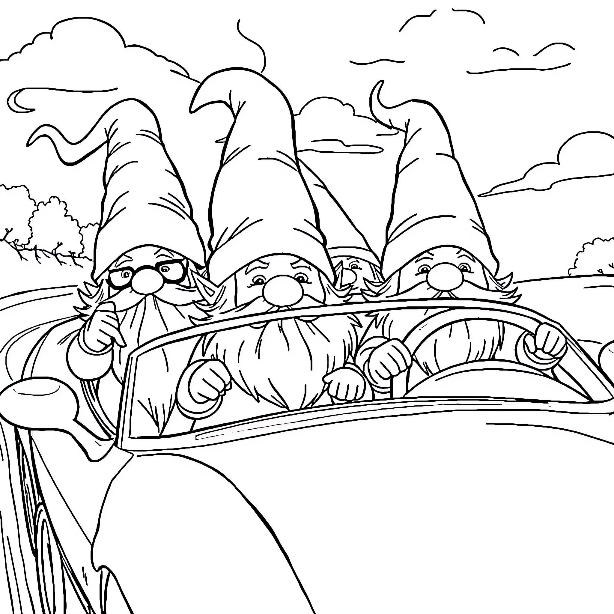 Gnomes enjoying a road trip in their car Coloring Page (free black-and-white line drawing printable PDF for all, from beginners to advanced learners, including children, teens, adults, and seniors)