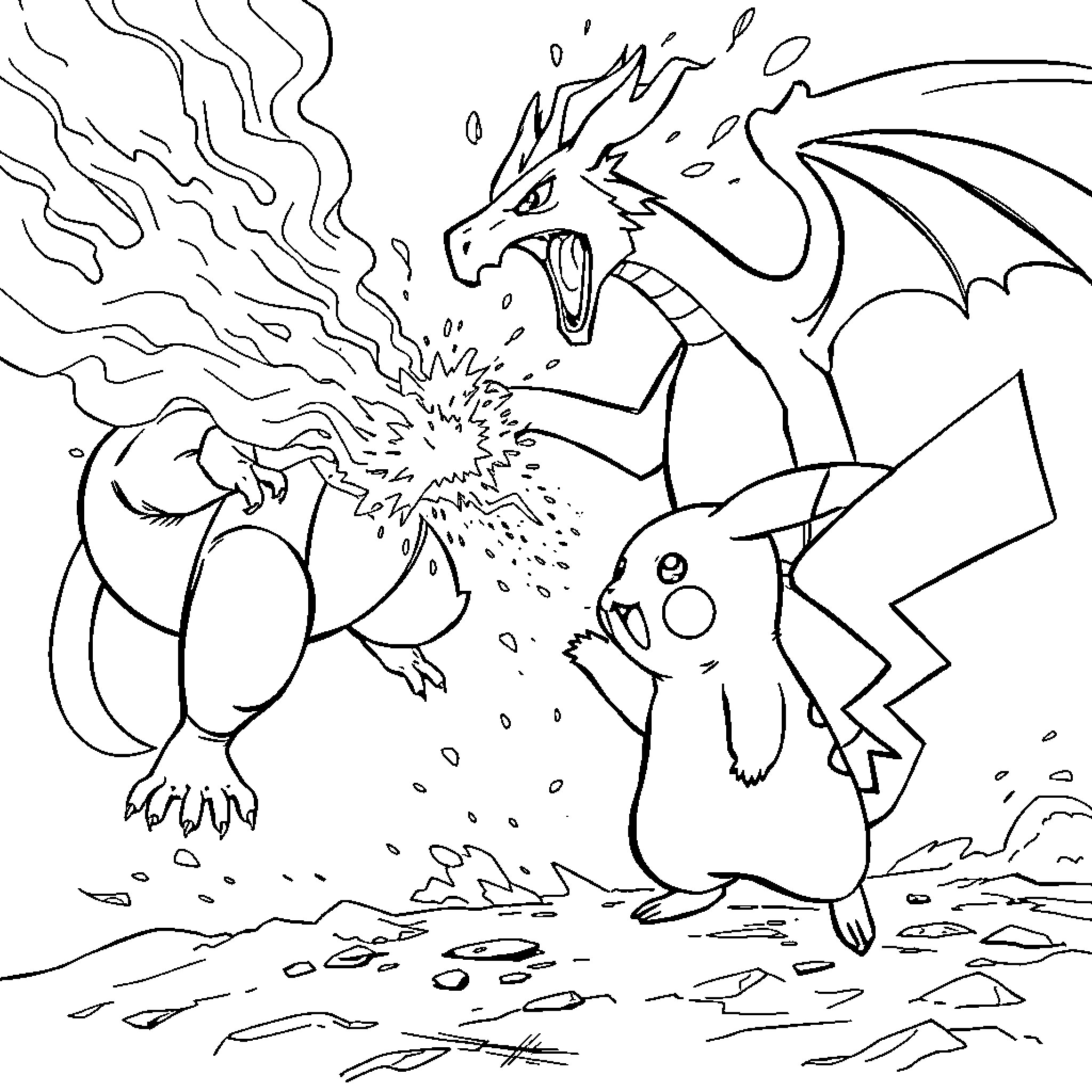 Pikachu confronting a ferocious dragon Coloring Page (free black-and-white line drawing printable PDF for all, from beginners to advanced learners, including children, teens, adults, and seniors)
