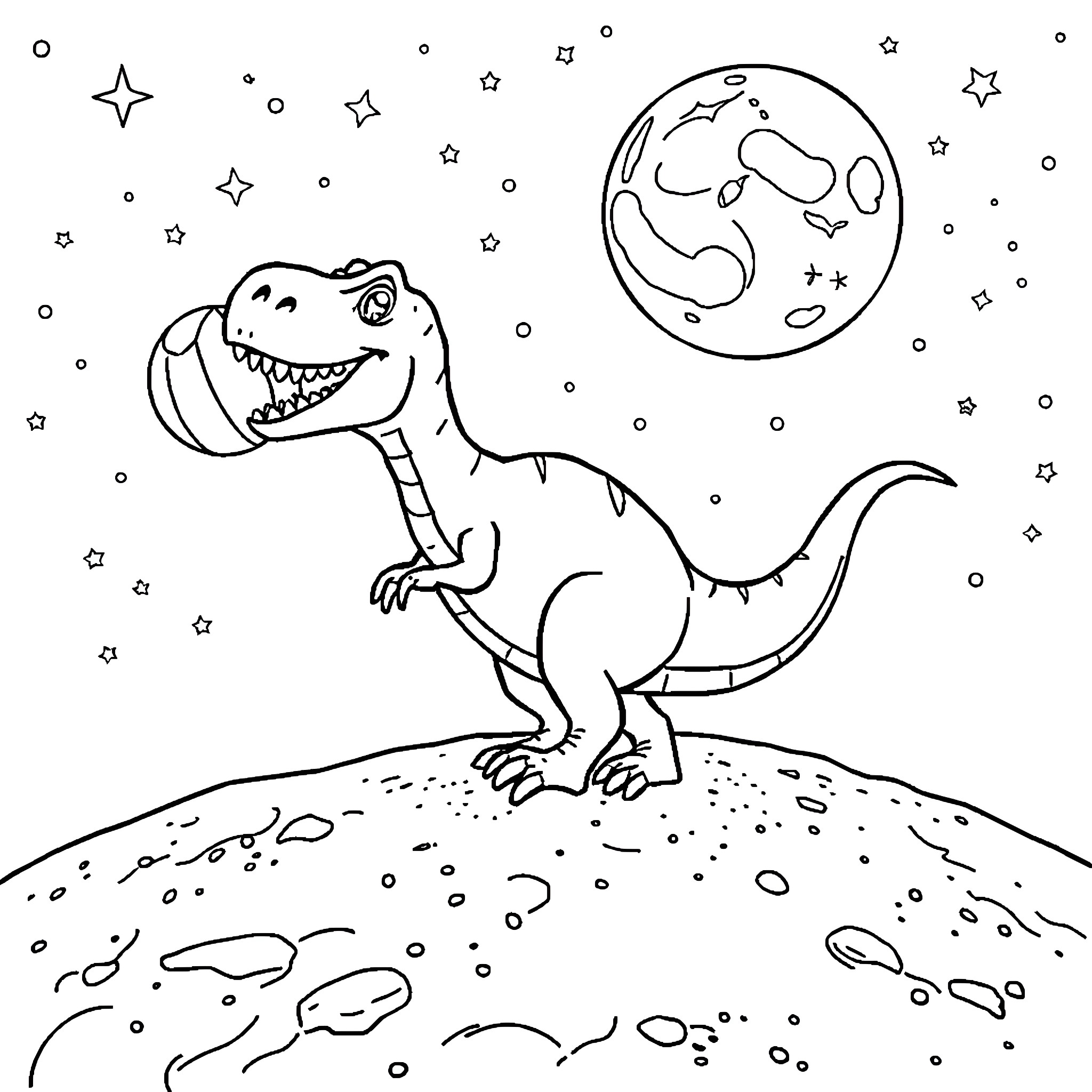 Dinosaur roaring happily under the stars Coloring Page (free black-and-white line drawing printable PDF for all, from beginners to advanced learners, including children, teens, adults, and seniors)