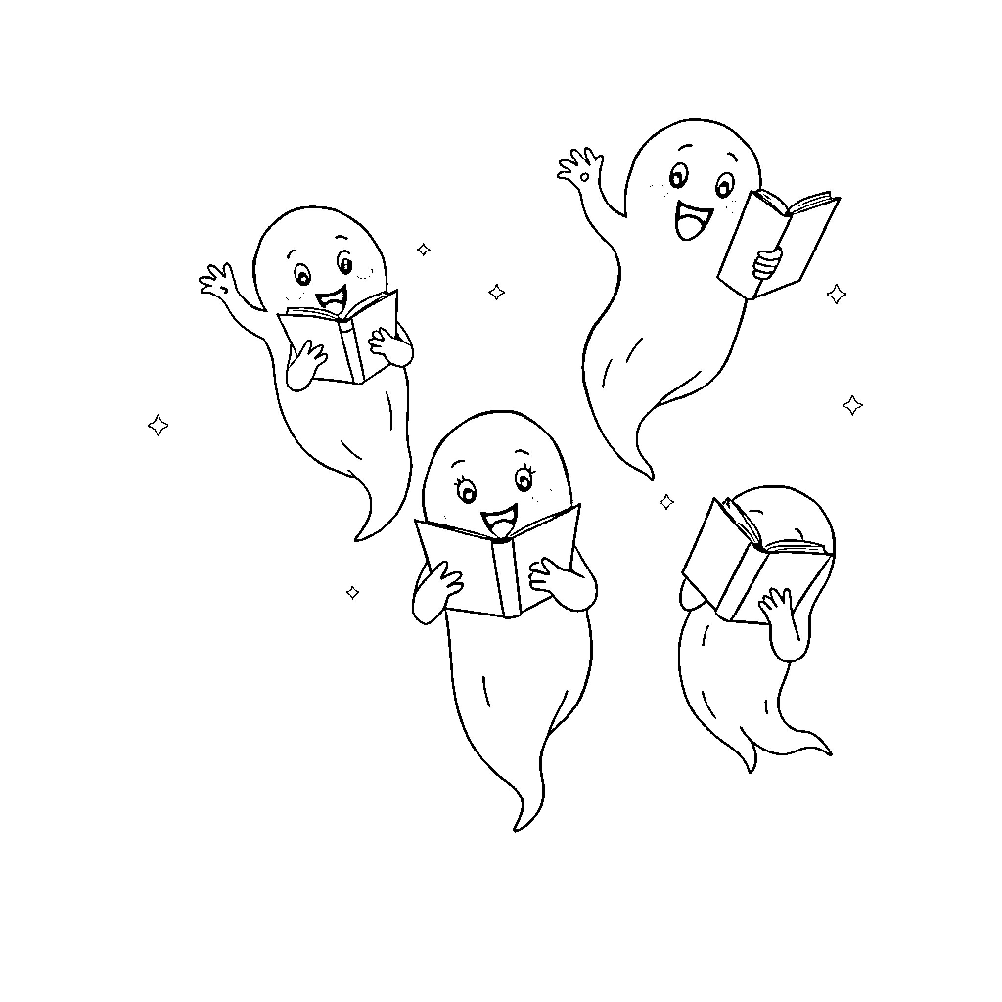 Ghost-like figures engaged in joyful activities Coloring Page (free black-and-white line drawing printable PDF for all, from beginners to advanced learners, including children, teens, adults, and seniors)