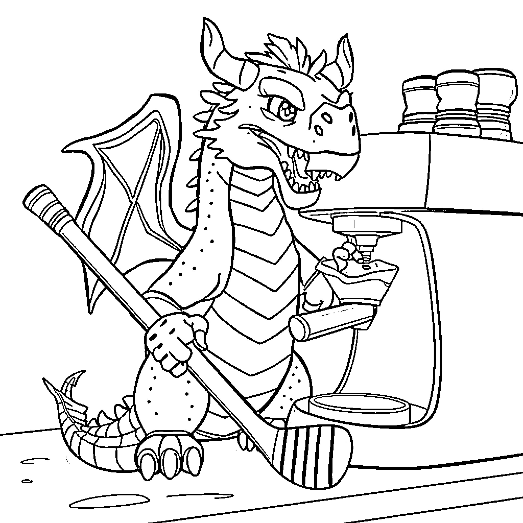 Dragon chef preparing a meal in the kitchen Coloring Page (free black-and-white line drawing printable PDF for all, from beginners to advanced learners, including children, teens, adults, and seniors)