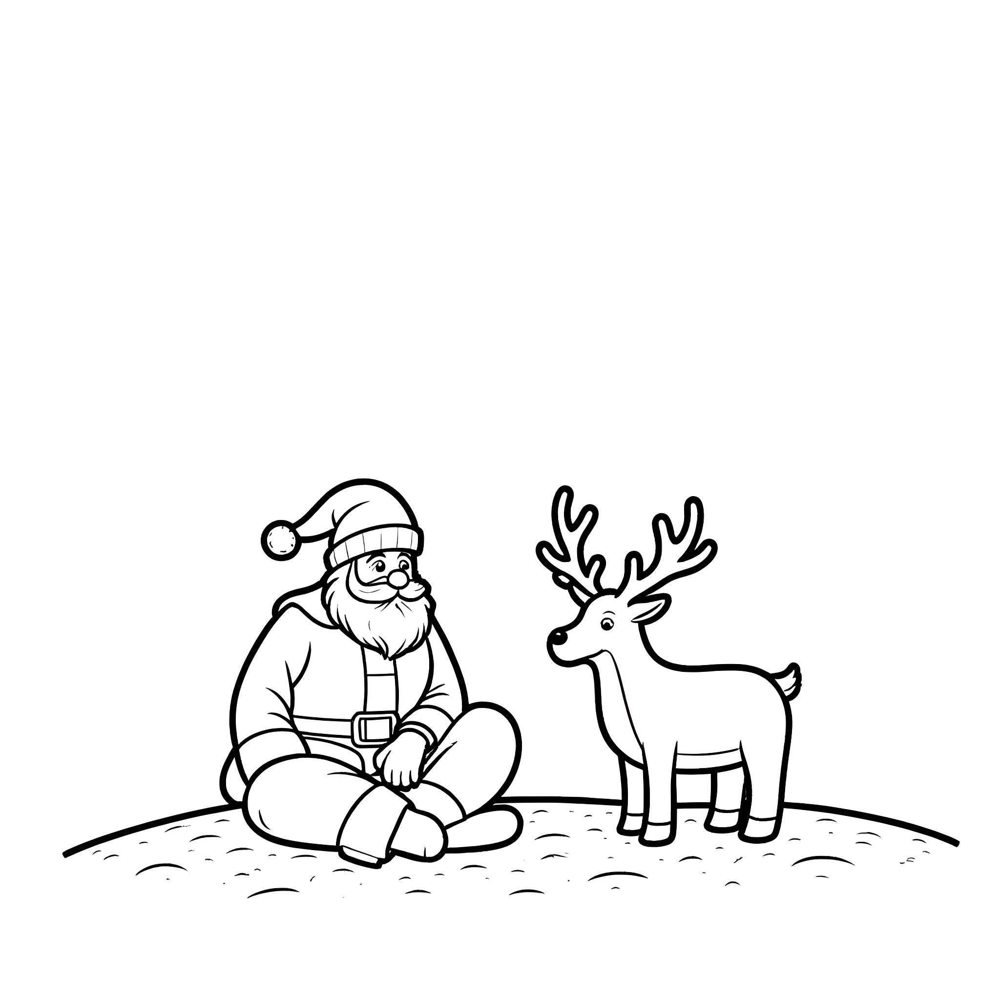 Santa resting with his reindeer in the snow Coloring Page (free black-and-white line drawing printable PDF for all, from beginners to advanced learners, including children, teens, adults, and seniors)