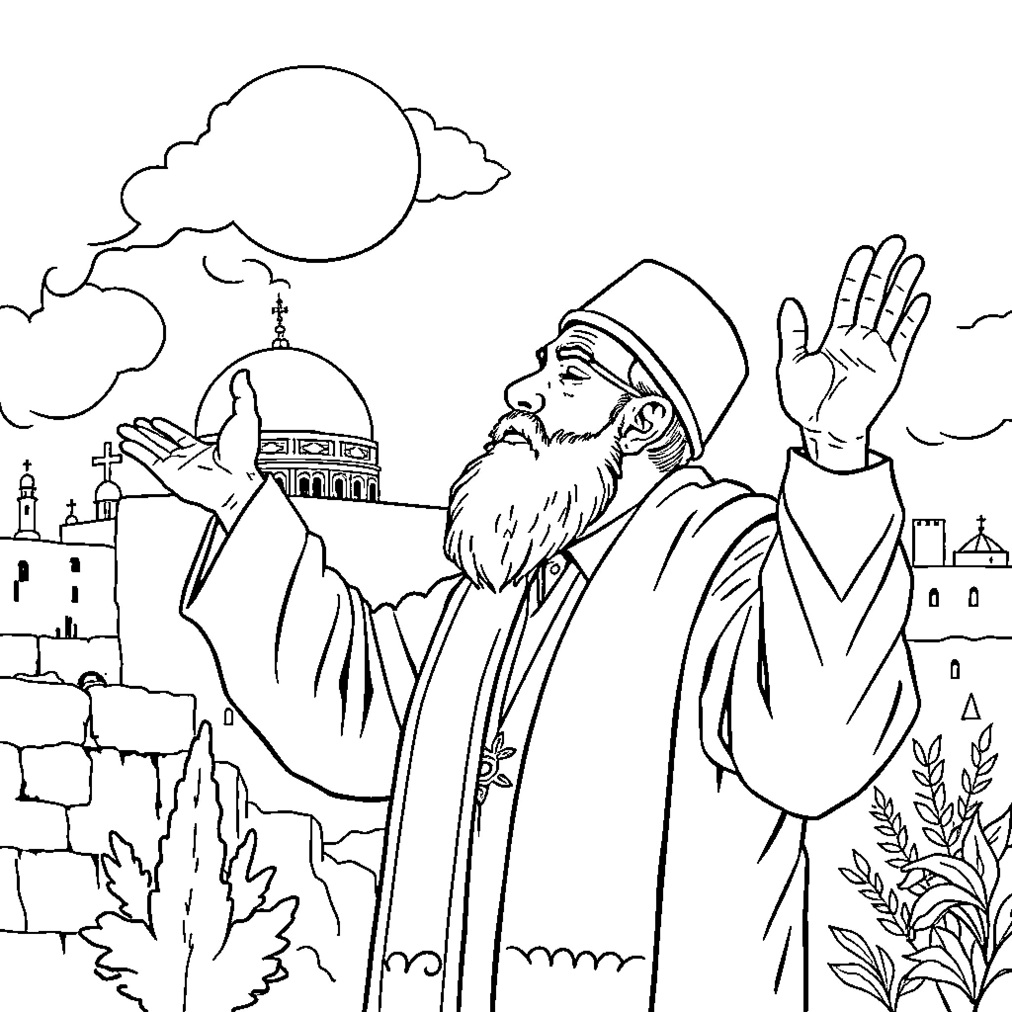 Rabbi preaching at a religious gathering Coloring Page (free black-and-white line drawing printable PDF for all, from beginners to advanced learners, including children, teens, adults, and seniors)