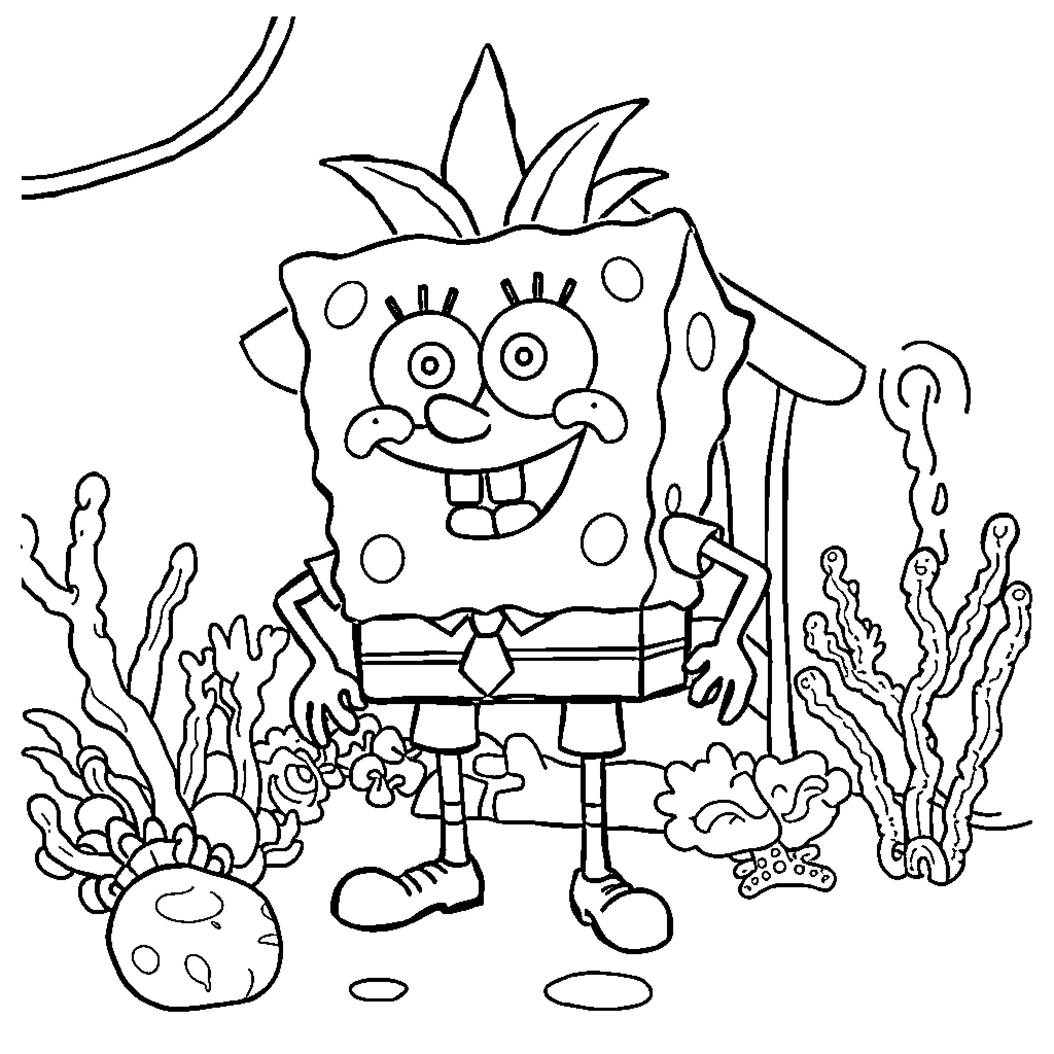 Spongebob dancing happily underwater with sea creatures Coloring Page (free black-and-white line drawing printable PDF for all, from beginners to advanced learners, including children, teens, adults, and seniors)