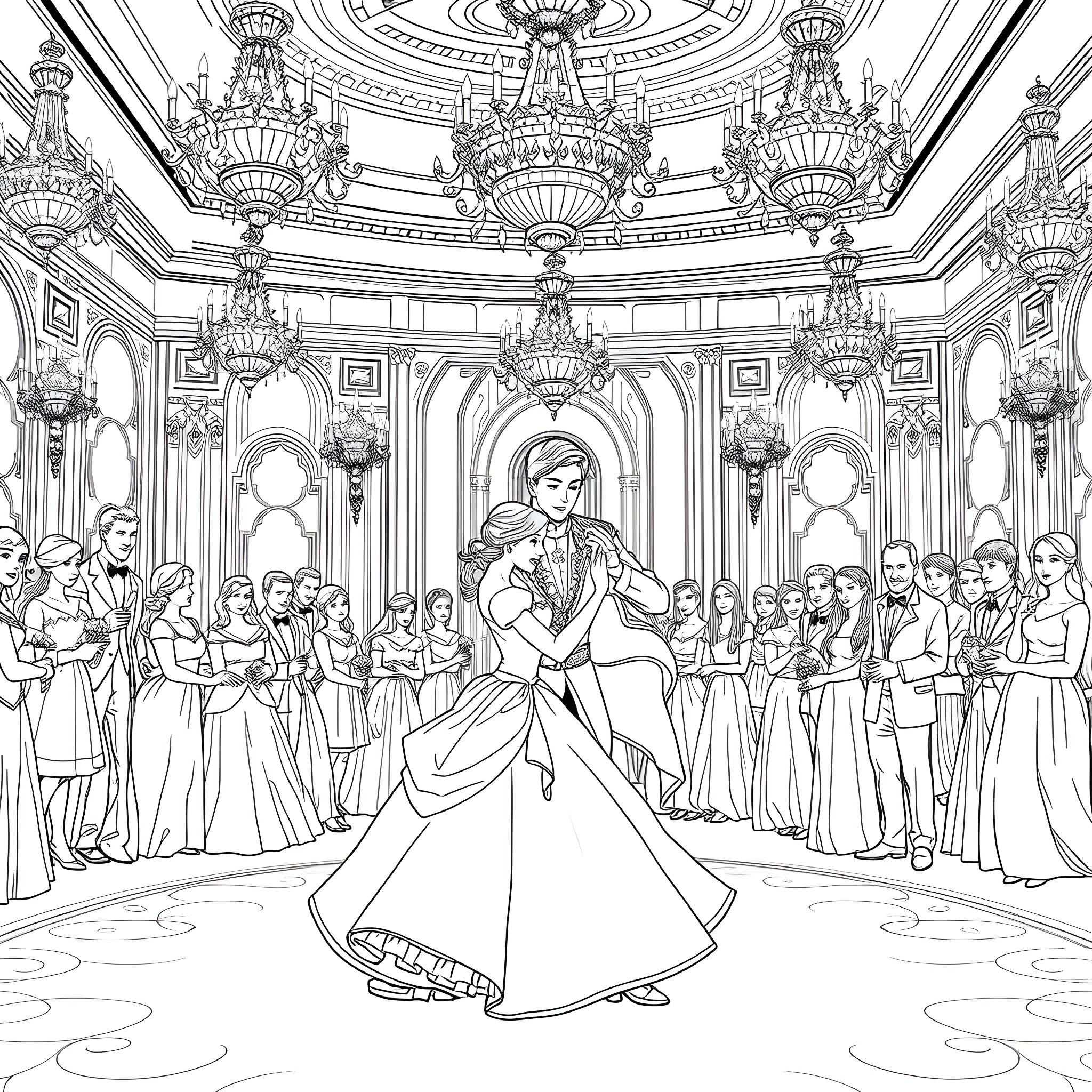 Cinderella's Enchanting Ballroom Dance Coloring Page (free black-and-white line drawing printable PDF for all, from beginners to advanced learners, including children, teens, adults, and seniors)