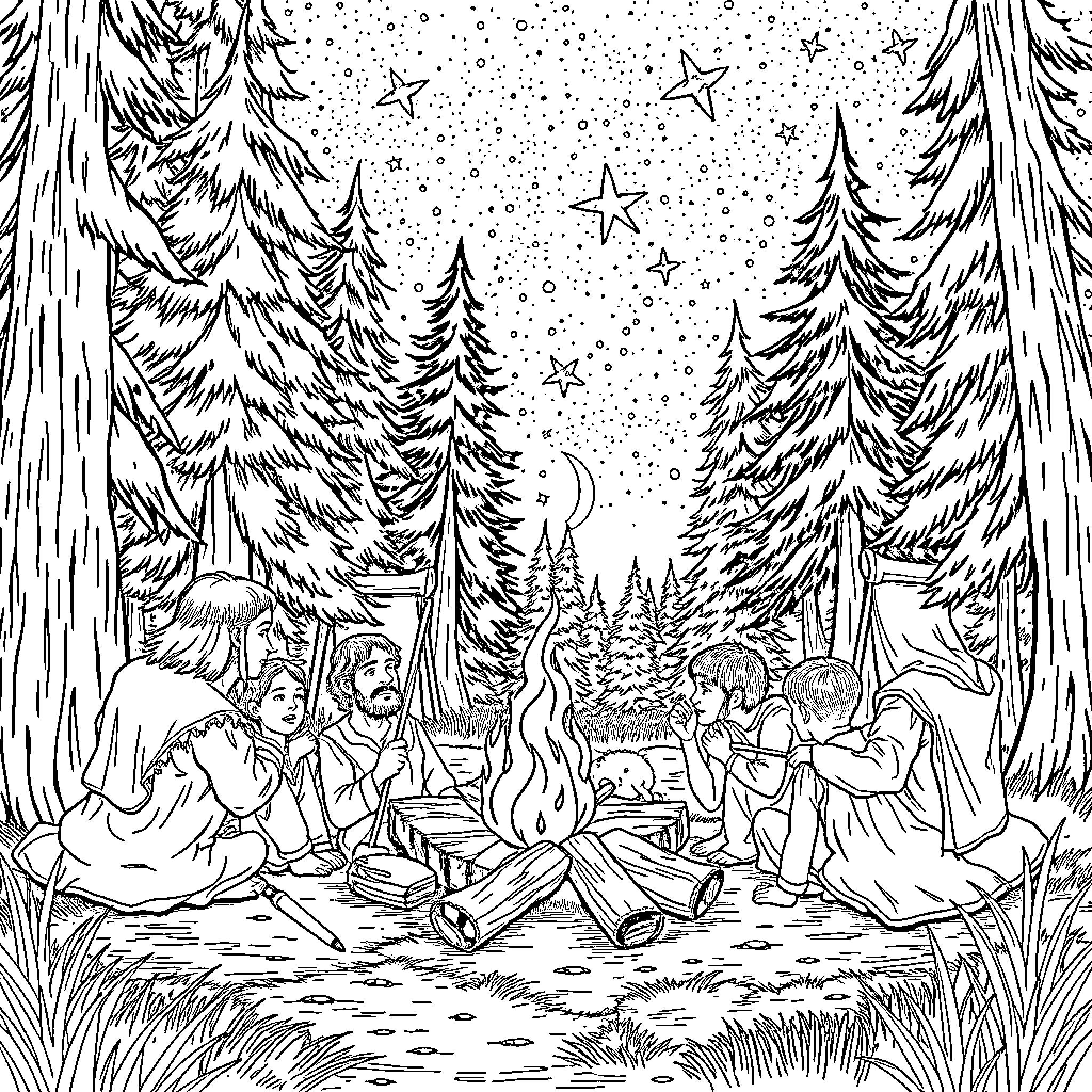 Fellowship around the Campfire under Starry Skies Coloring Page (free black-and-white line drawing printable PDF for all, from beginners to advanced learners, including children, teens, adults, and seniors)
