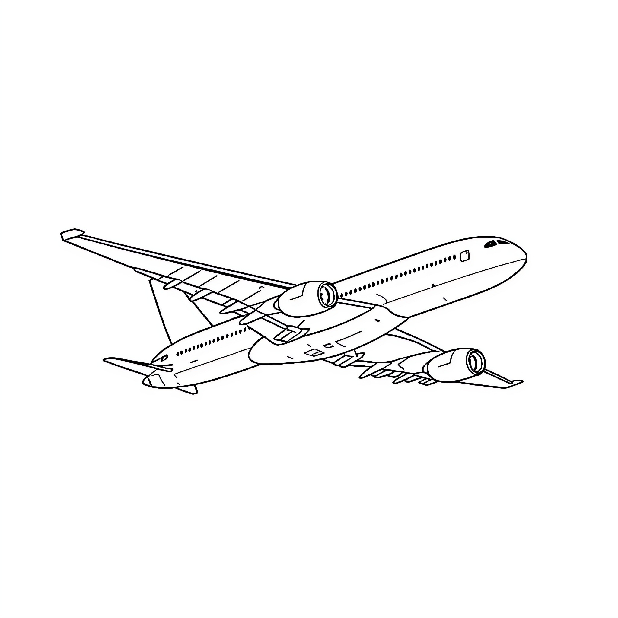 A380 commercial aircraft in flight Coloring Page (free black-and-white line drawing printable PDF for all, from beginners to advanced learners, including children, teens, adults, and seniors)