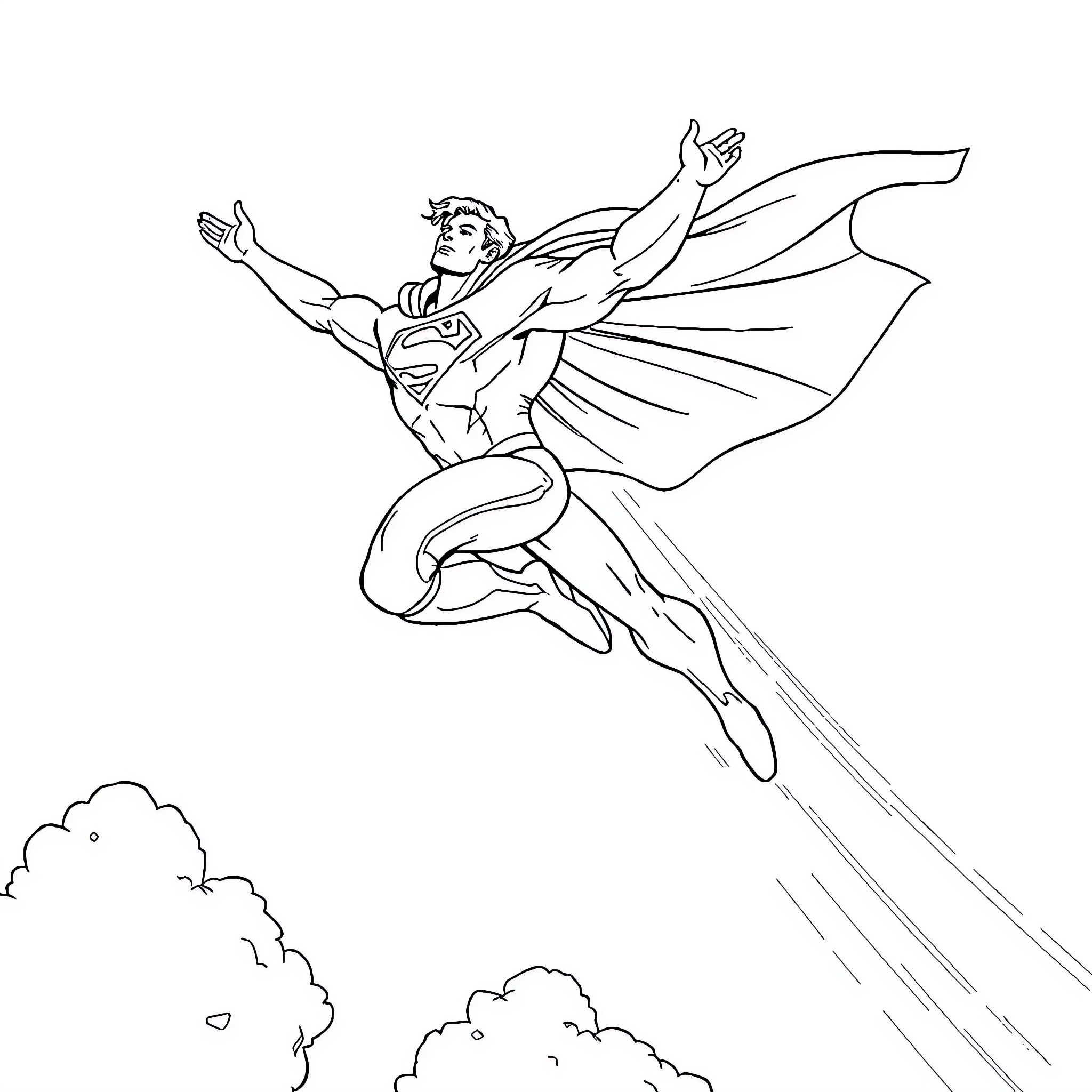 Superman soaring through the sky with outstretched arms Coloring Page (free black-and-white line drawing printable PDF for all, from beginners to advanced learners, including children, teens, adults, and seniors)
