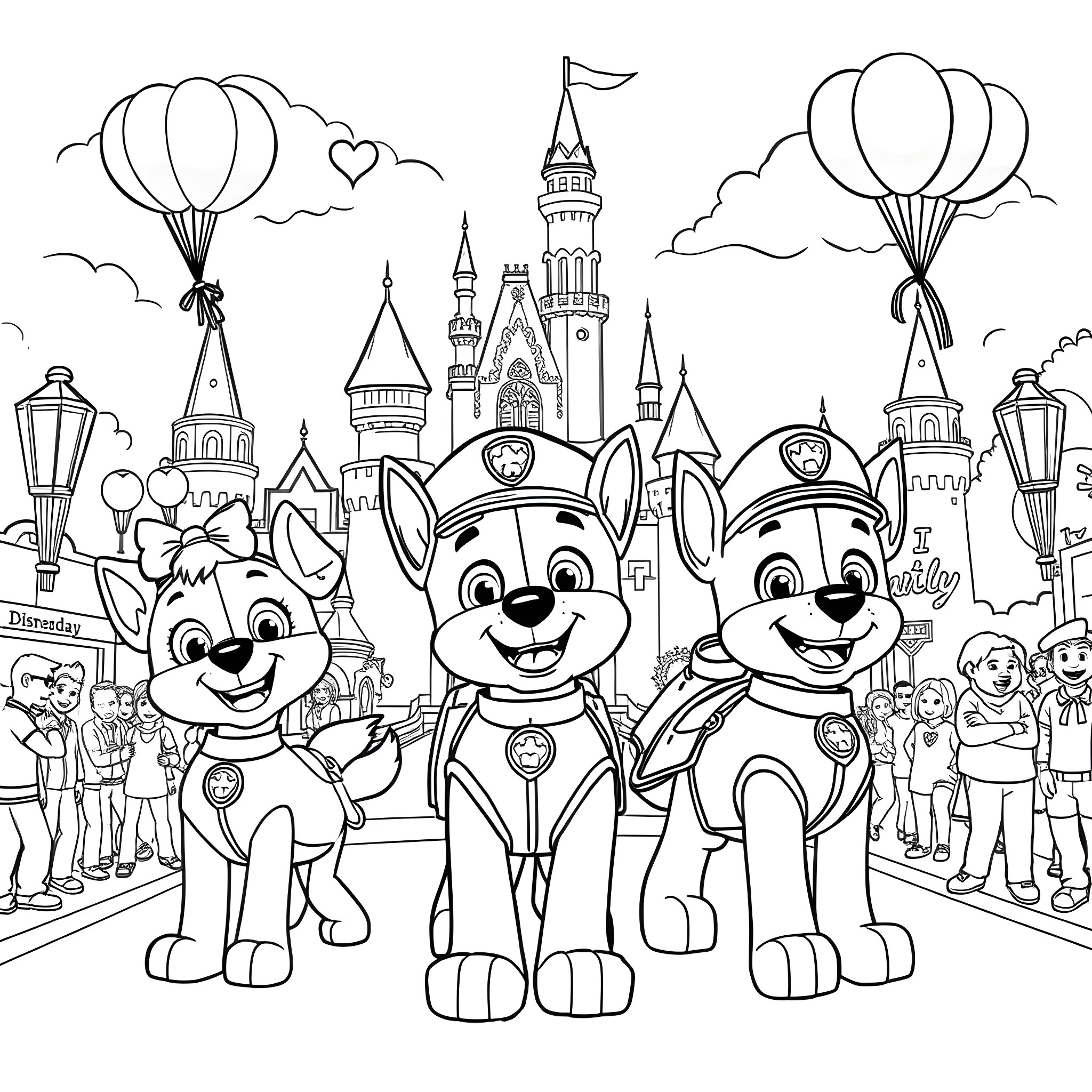 Paw Patrol Pups Explore the Magical Kingdom Coloring Page (free black-and-white line drawing printable PDF for all, from beginners to advanced learners, including children, teens, adults, and seniors)