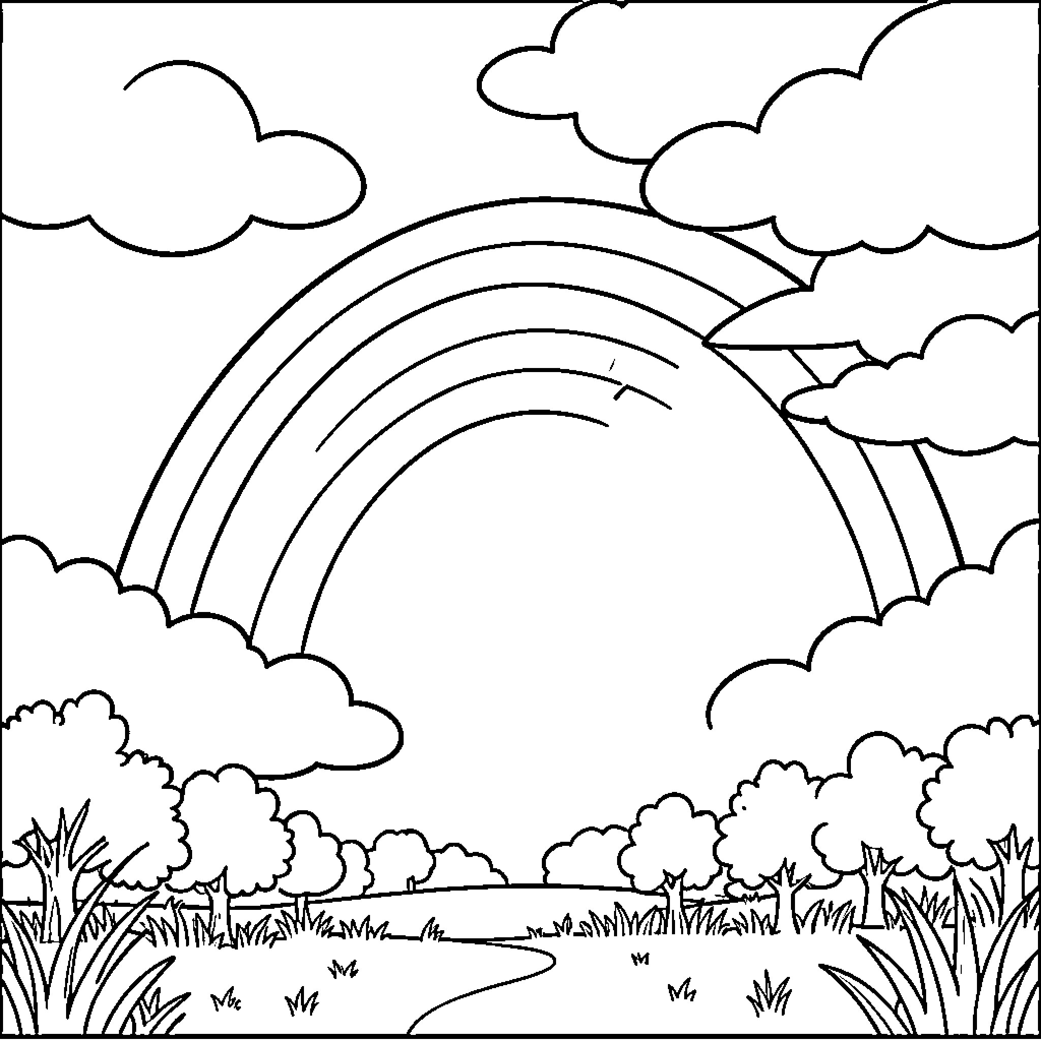 Rainbow arching over a peaceful landscape with clouds Coloring Page (free black-and-white line drawing printable PDF for all, from beginners to advanced learners, including children, teens, adults, and seniors)