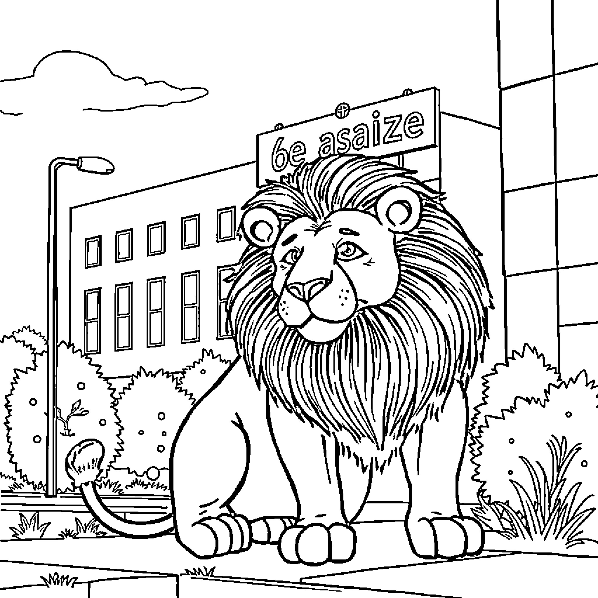 Lion guarding a building in a city scene Coloring Page (free black-and-white line drawing printable PDF for all, from beginners to advanced learners, including children, teens, adults, and seniors)