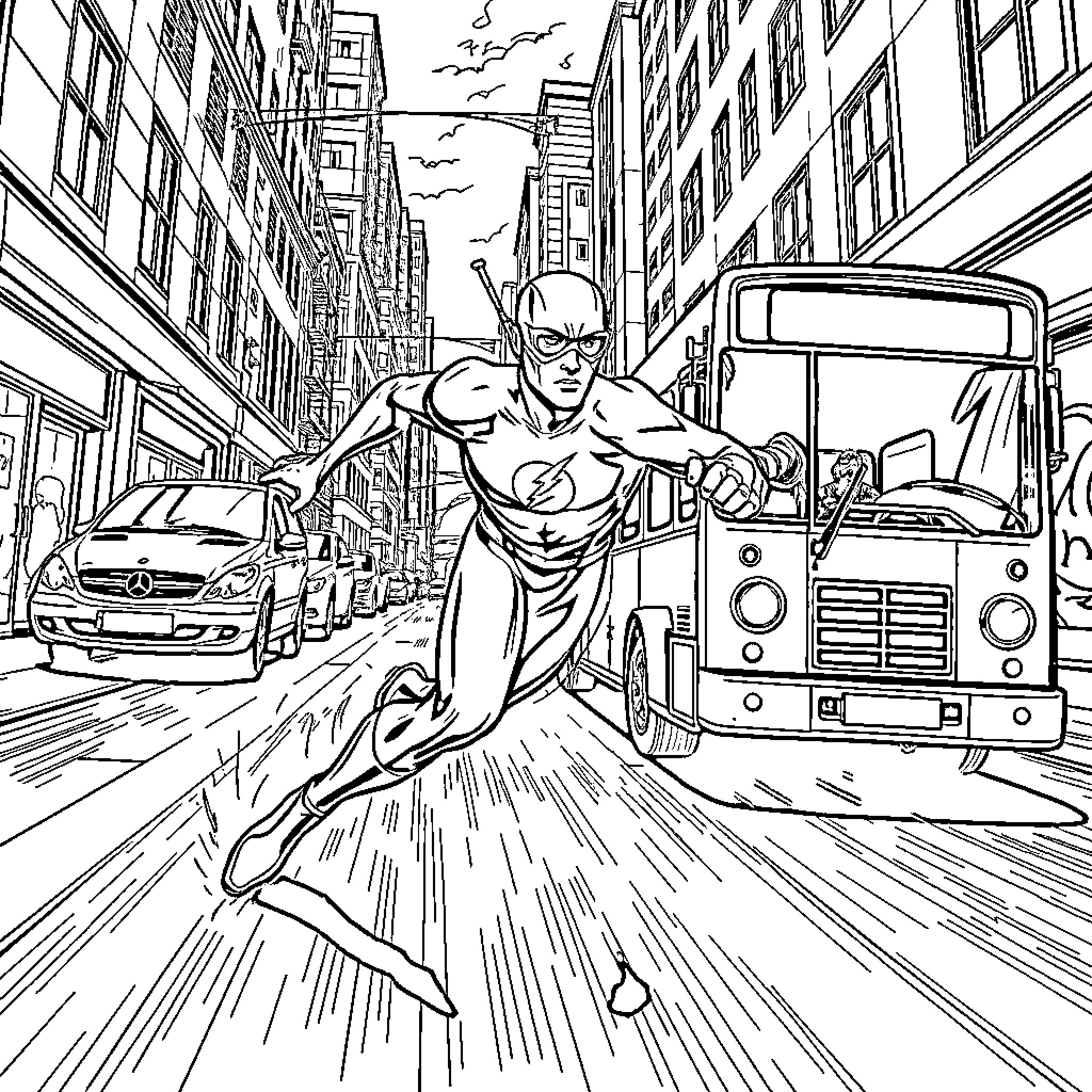 Flash racing through the city streets Coloring Page (free black-and-white line drawing printable PDF for all, from beginners to advanced learners, including children, teens, adults, and seniors)