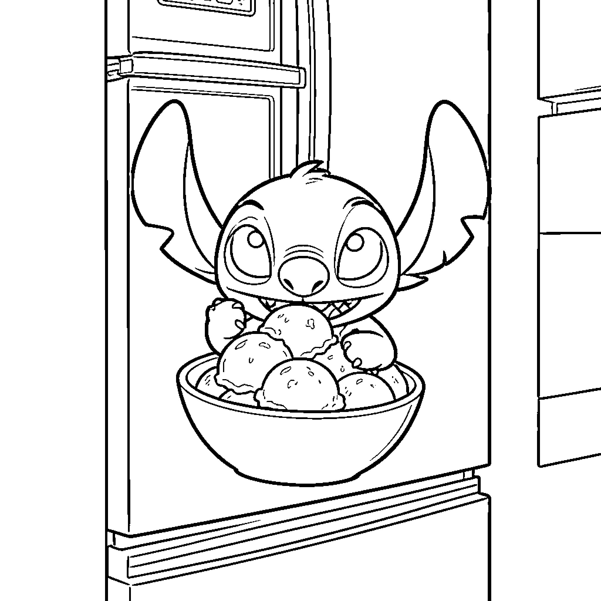 Stitch finding food in the refrigerator Coloring Page (free black-and-white line drawing printable PDF for all, from beginners to advanced learners, including children, teens, adults, and seniors)