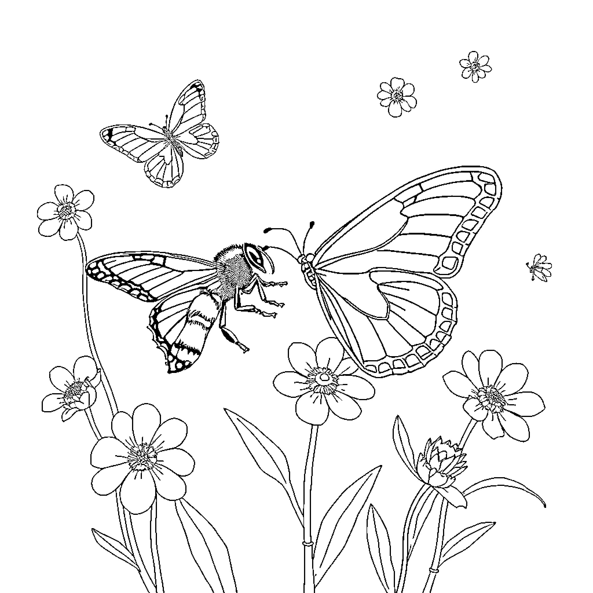 Flower garden with playful butterflies Coloring Page (free black-and-white line drawing printable PDF for all, from beginners to advanced learners, including children, teens, adults, and seniors)
