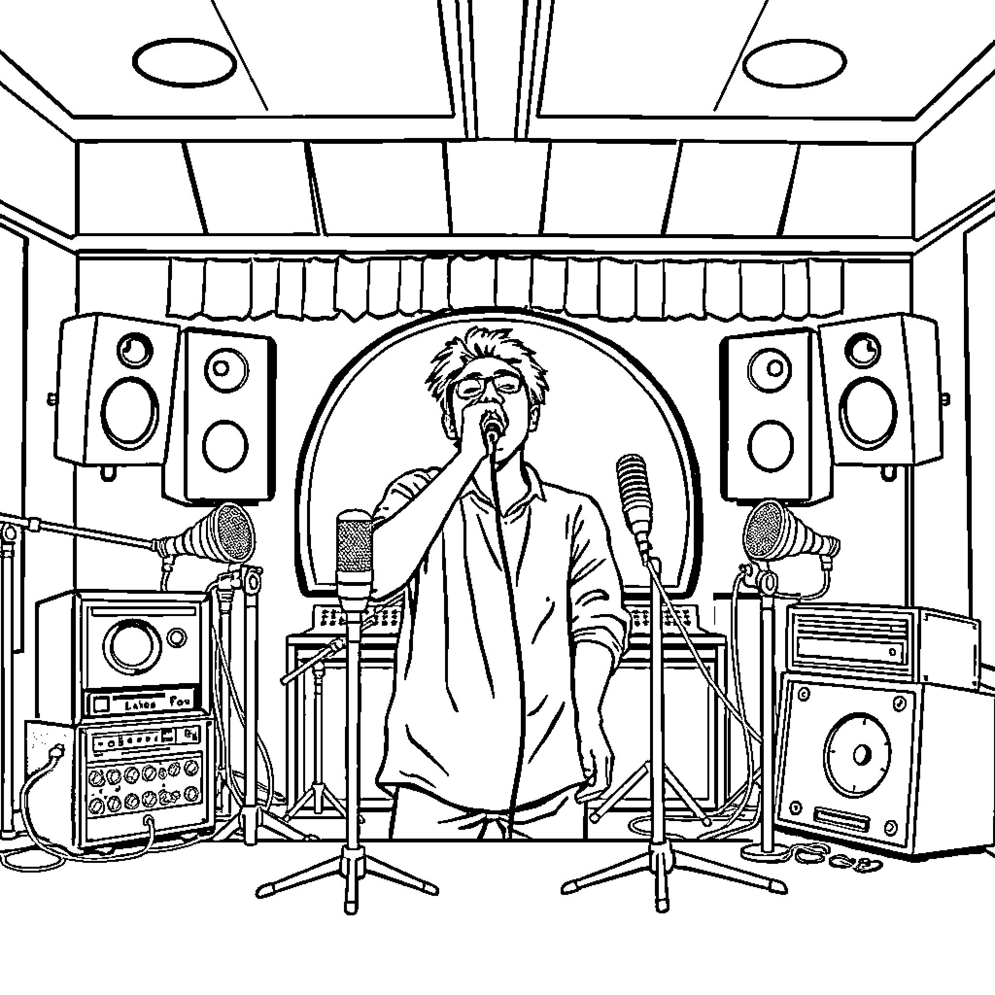 Music Artist Performing on Stage with Instruments Coloring Page (free black-and-white line drawing printable PDF for all, from beginners to advanced learners, including children, teens, adults, and seniors)