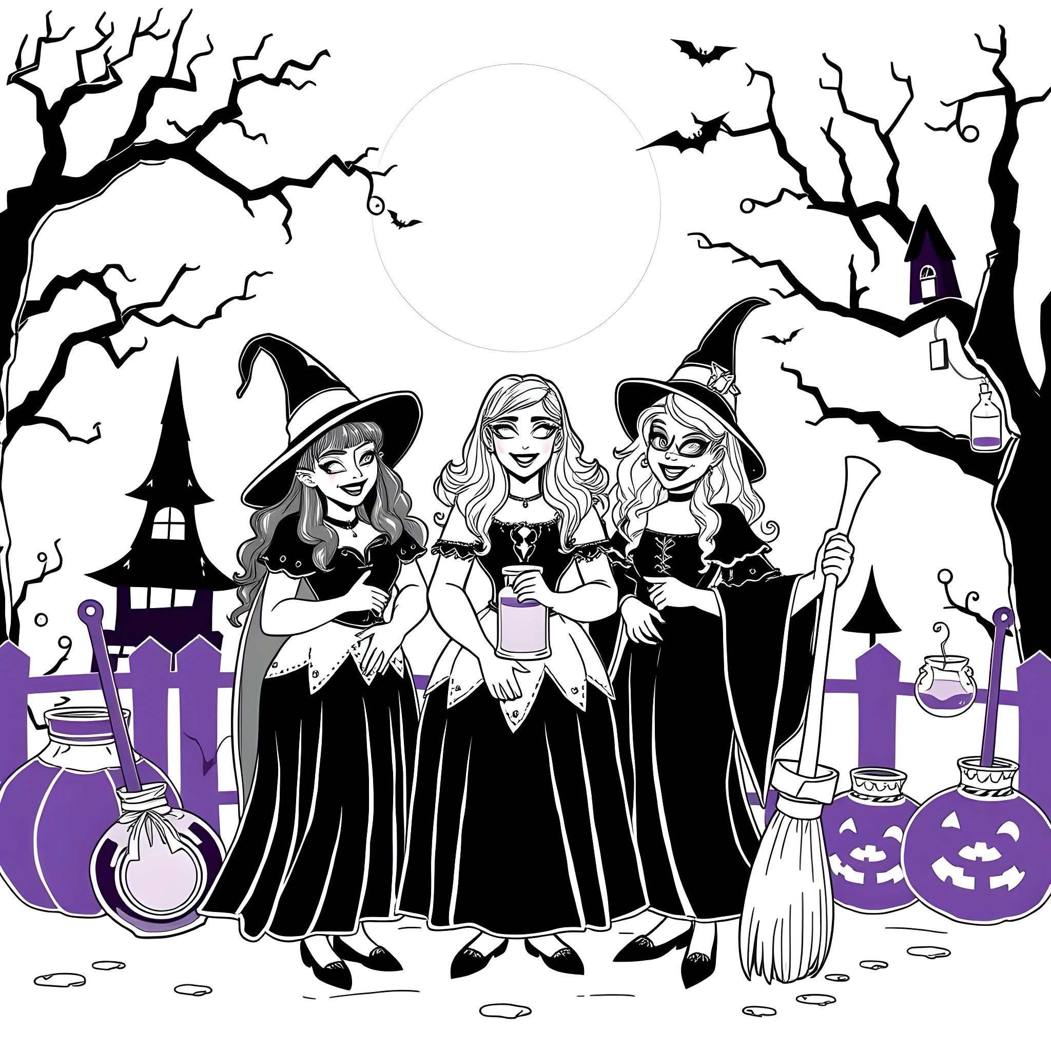 Sanderson Sisters Casting Spells in Haunting Halloween Scene Coloring Page (free black-and-white line drawing printable PDF for all, from beginners to advanced learners, including children, teens, adults, and seniors)