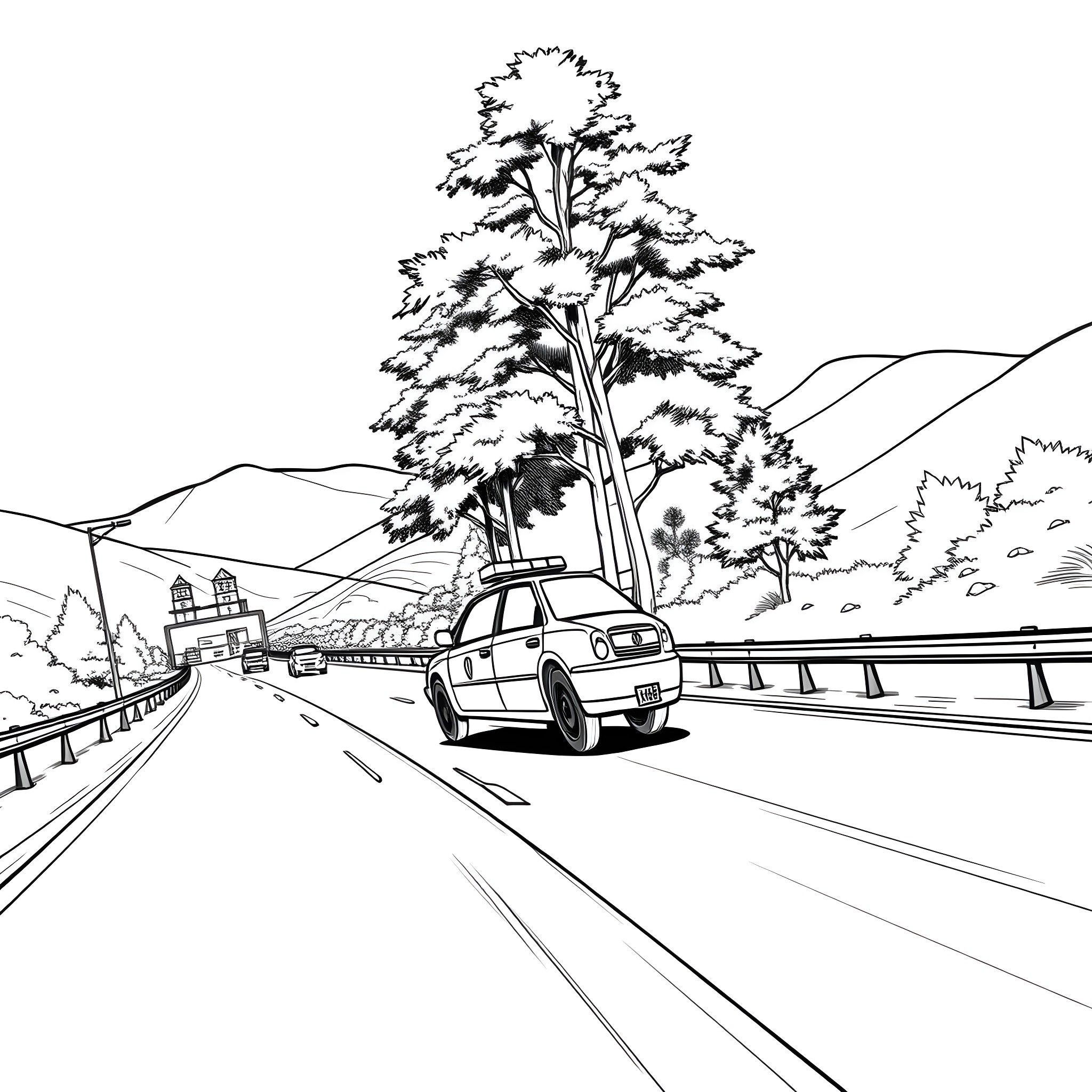 Police Car on Highway with Scenic Landscape Coloring Page (free black-and-white line drawing printable PDF for all, from beginners to advanced learners, including children, teens, adults, and seniors)