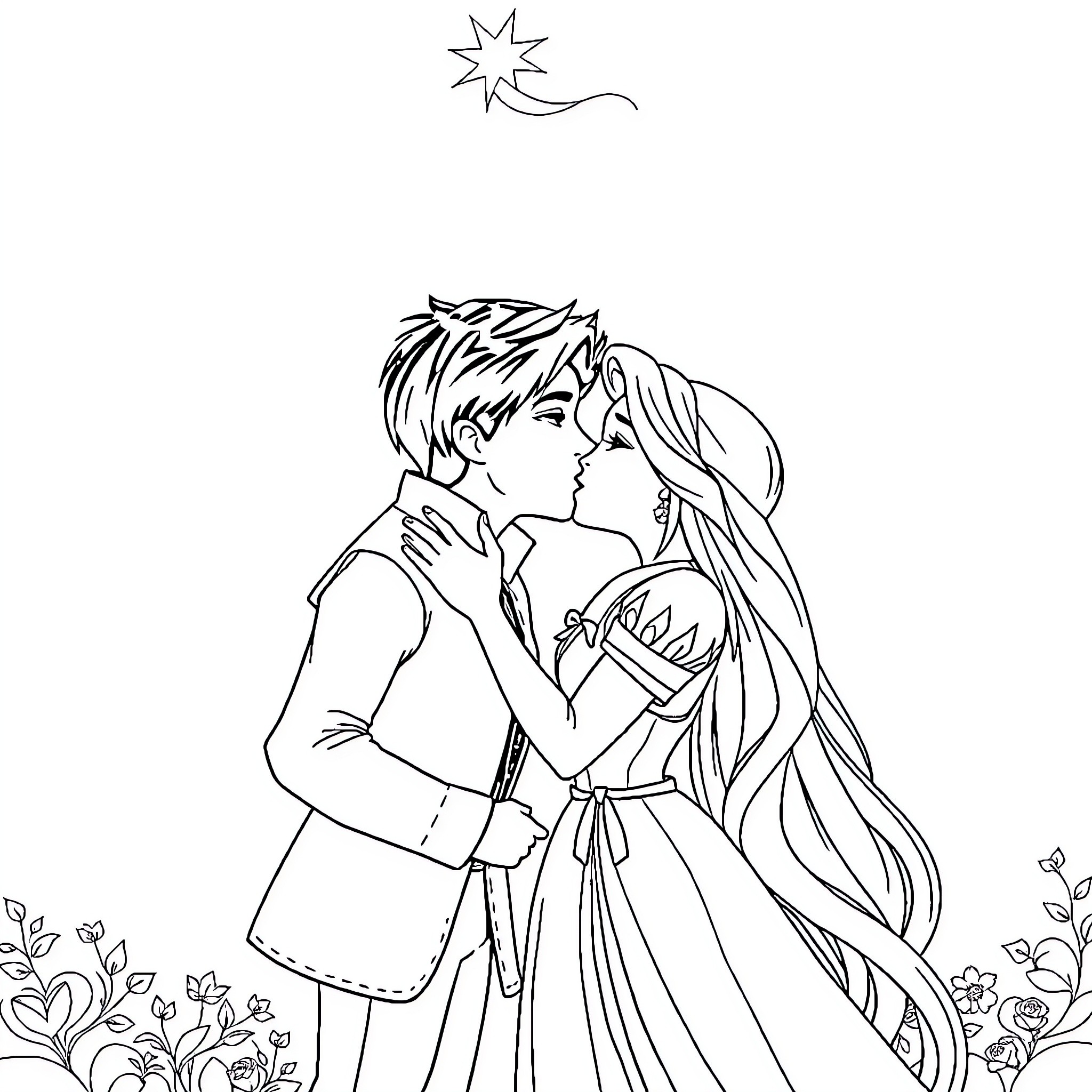 Rapunzel's romantic moment with her prince charming Coloring Page (free black-and-white line drawing printable PDF for all, from beginners to advanced learners, including children, teens, adults, and seniors)