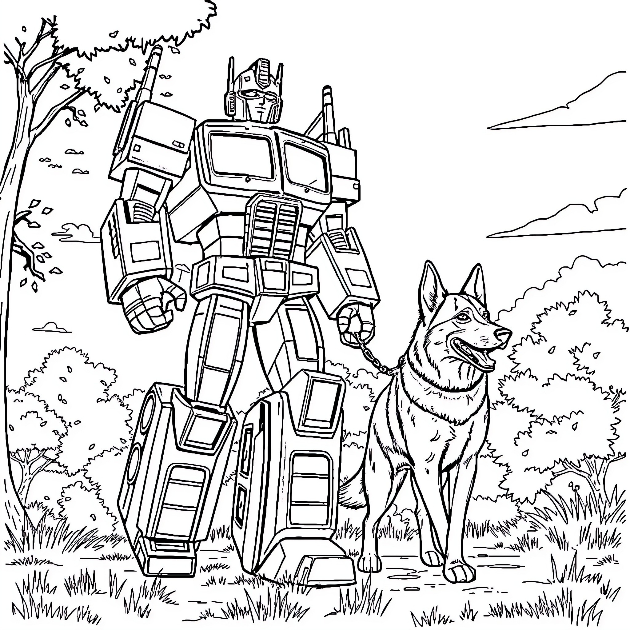 Optimus Prime and loyal canine companion in scenic outdoors Coloring Page (free black-and-white line drawing printable PDF for all, from beginners to advanced learners, including children, teens, adults, and seniors)