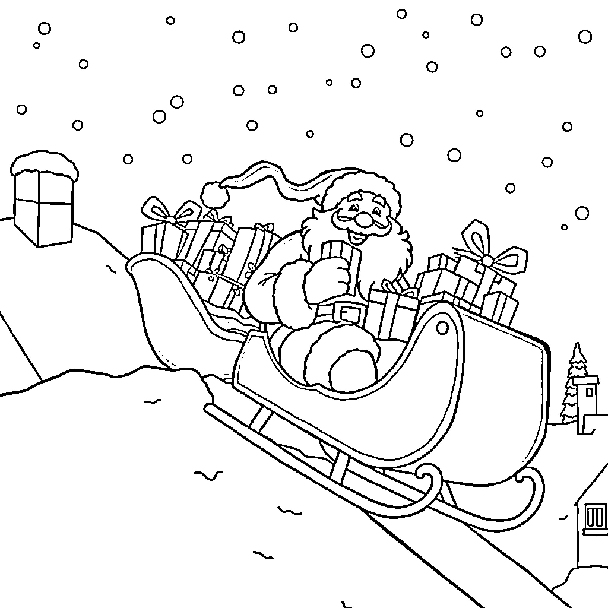 Santa's Sleigh Full of Festive Gifts Coloring Page (free black-and-white line drawing printable PDF for all, from beginners to advanced learners, including children, teens, adults, and seniors)