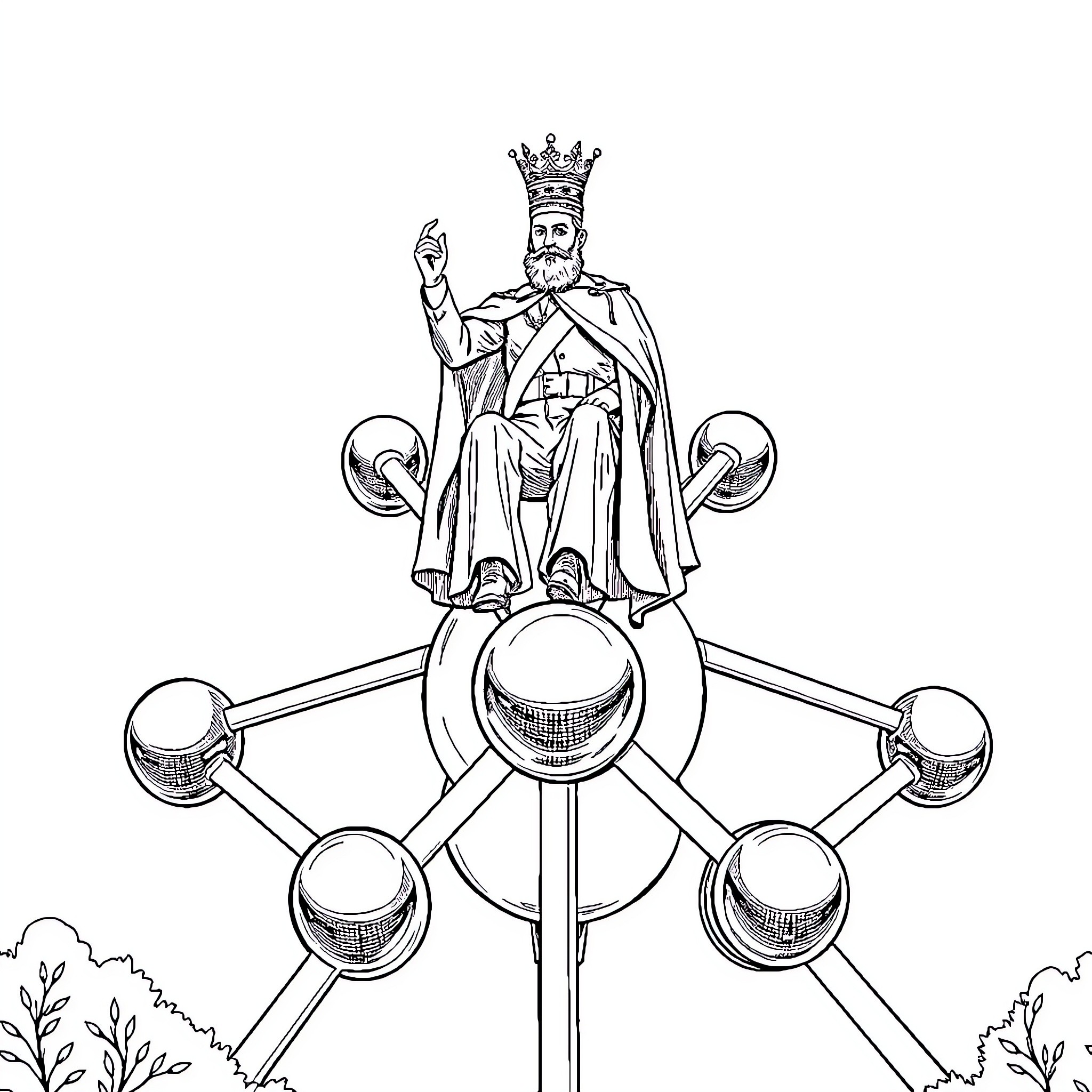 King ruling over symbolic structure with elements Coloring Page (free black-and-white line drawing printable PDF for all, from beginners to advanced learners, including children, teens, adults, and seniors)