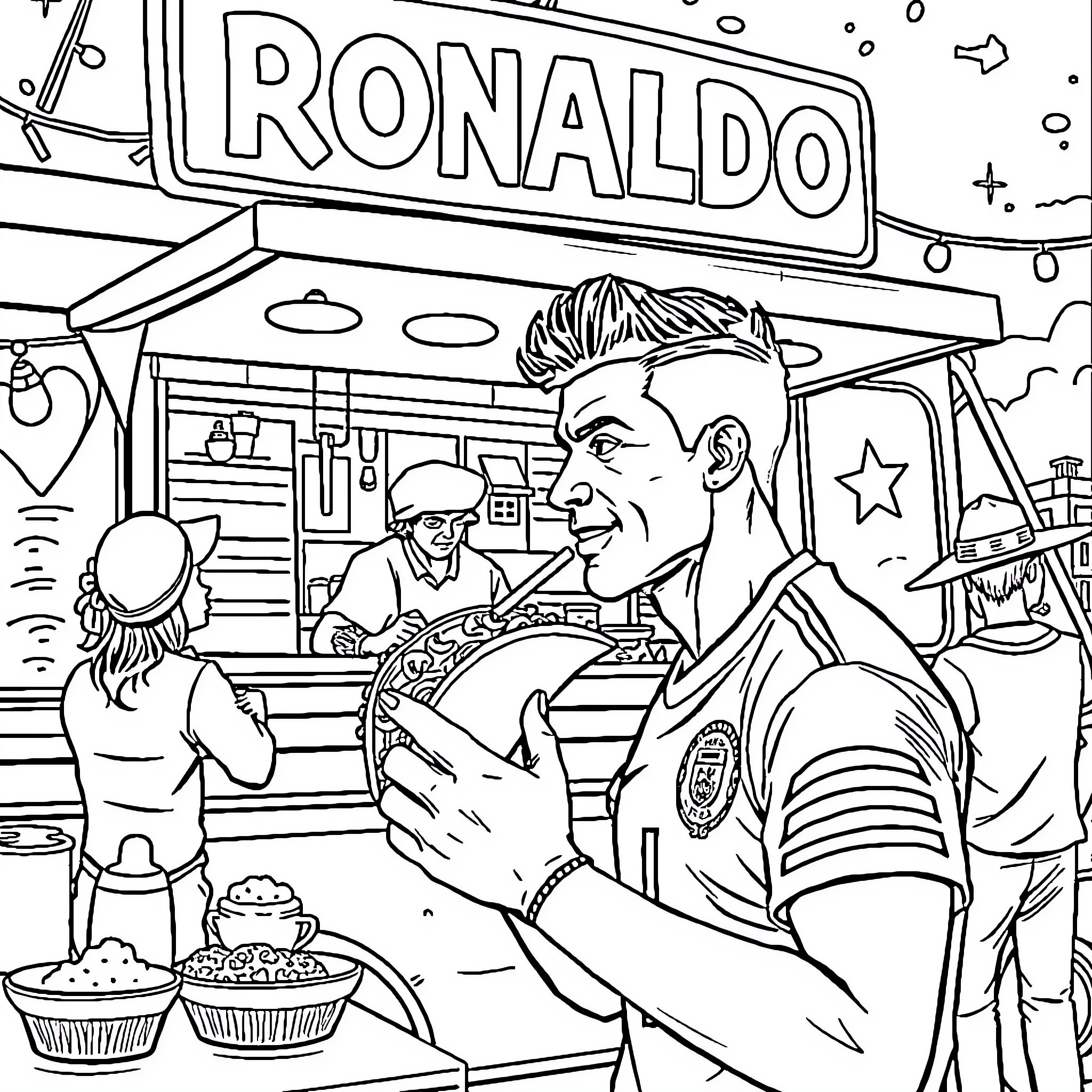 Ronaldo enjoying food and conversation with fans Coloring Page (free black-and-white line drawing printable PDF for all, from beginners to advanced learners, including children, teens, adults, and seniors)