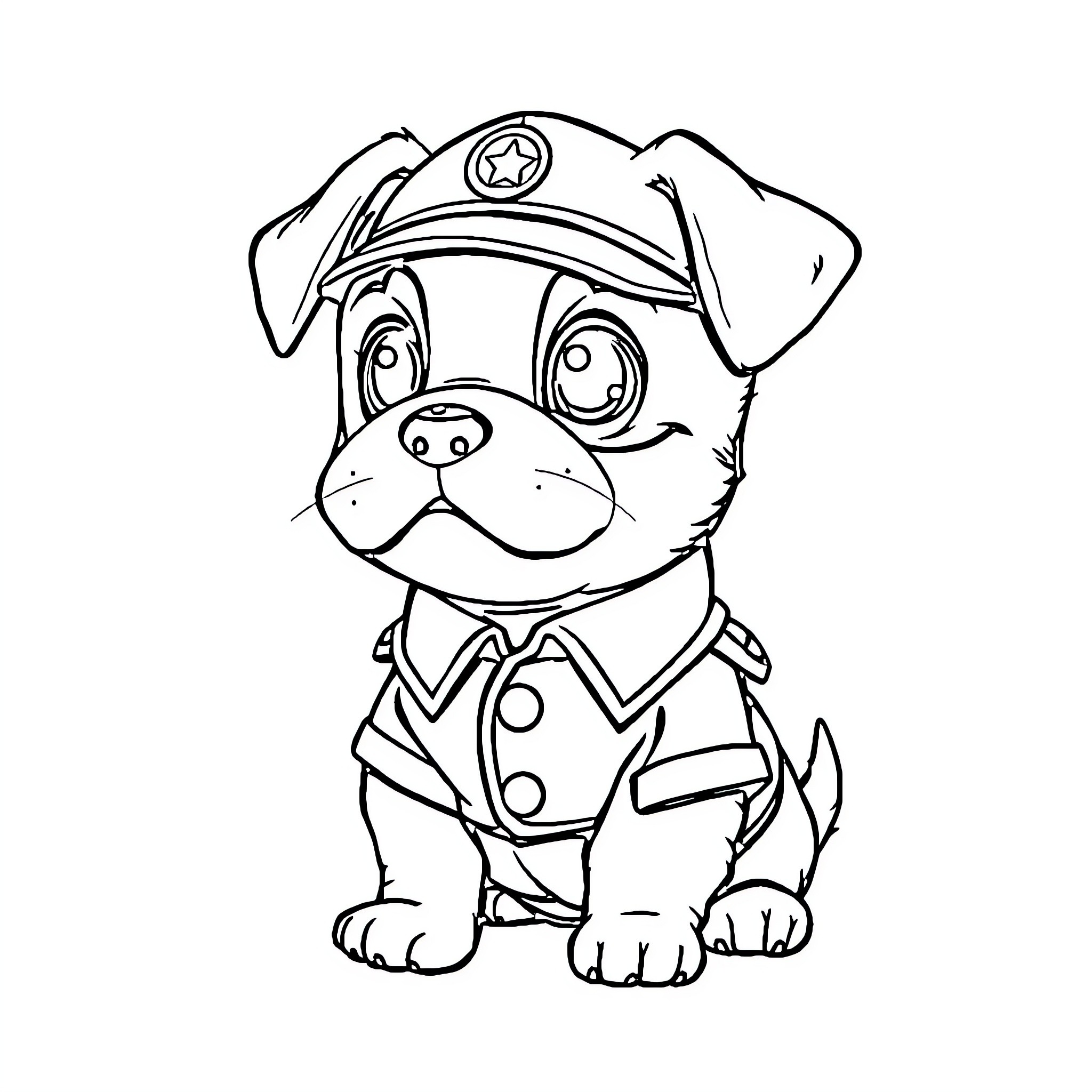 Puppy dressed as a police officer Coloring Page (free black-and-white line drawing printable PDF for all, from beginners to advanced learners, including children, teens, adults, and seniors)