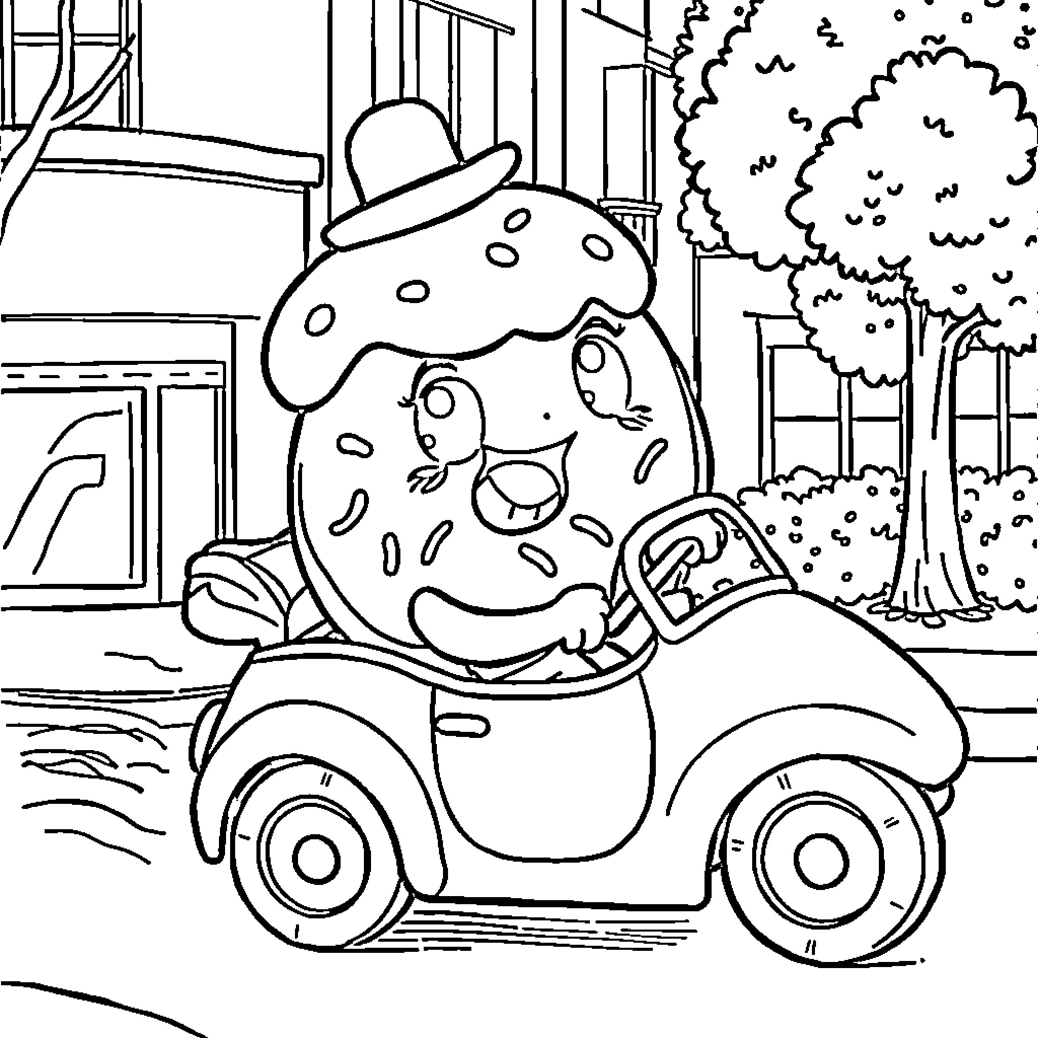 Donut-shaped character driving a car in the park Coloring Page (free black-and-white line drawing printable PDF for all, from beginners to advanced learners, including children, teens, adults, and seniors)