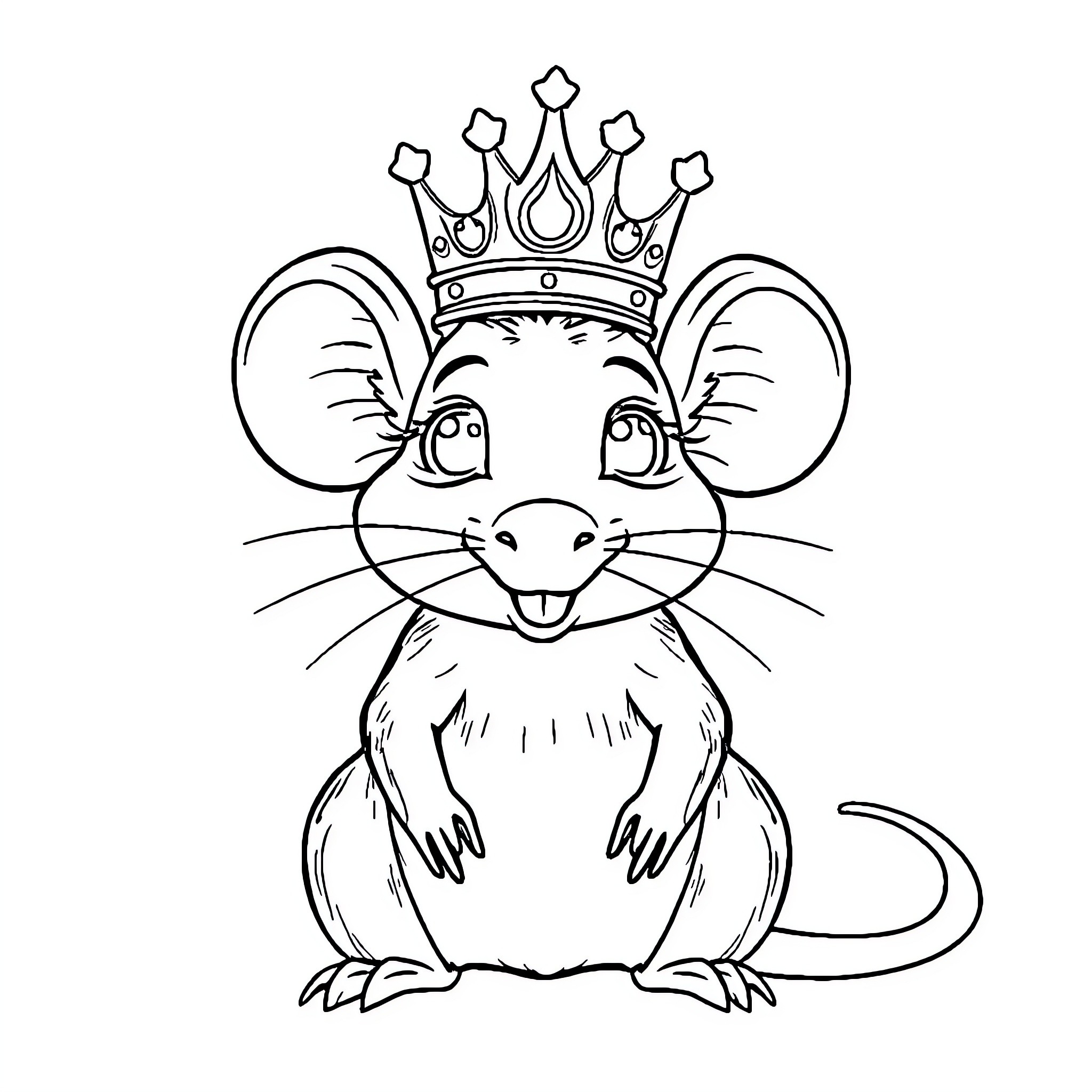 Rat wearing a crown and looking cheerful Coloring Page (free black-and-white line drawing printable PDF for all, from beginners to advanced learners, including children, teens, adults, and seniors)