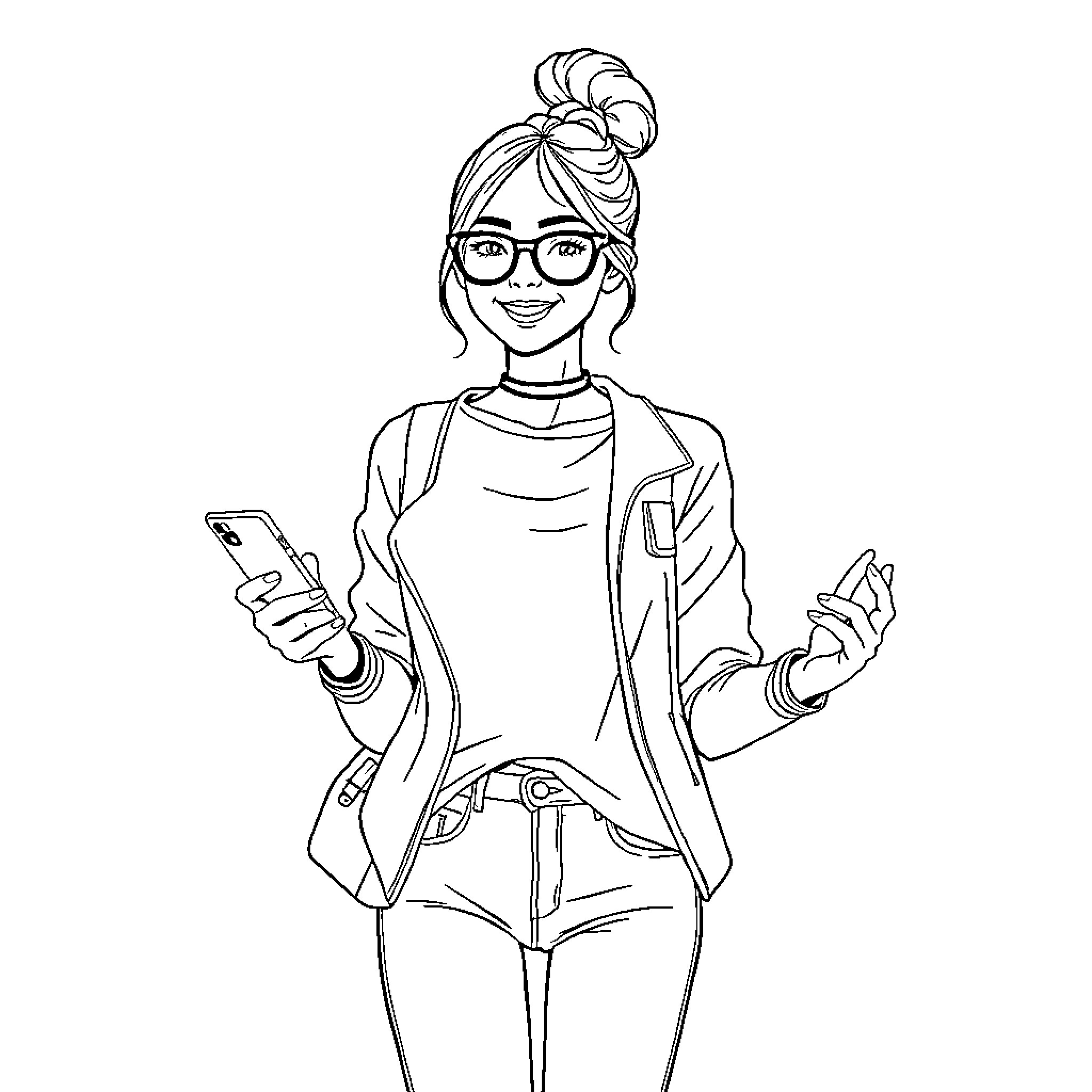 Teenager with smartphone smiling and posing Coloring Page (free black-and-white line drawing printable PDF for all, from beginners to advanced learners, including children, teens, adults, and seniors)