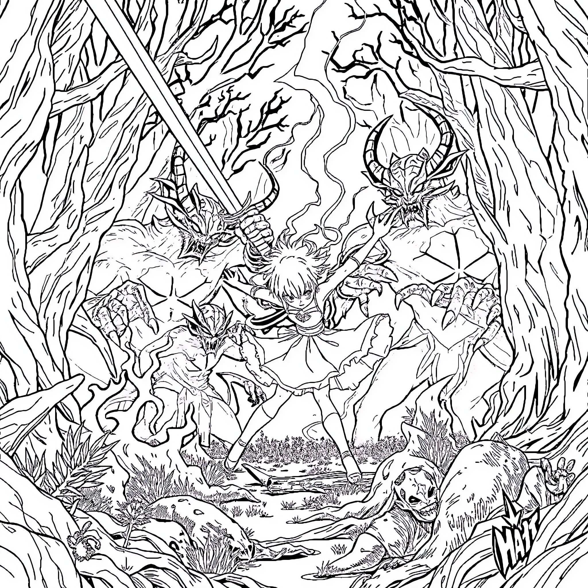 Sora's Fantastical Adventure in the Enchanted Forest Coloring Page (free black-and-white line drawing printable PDF for all, from beginners to advanced learners, including children, teens, adults, and seniors)