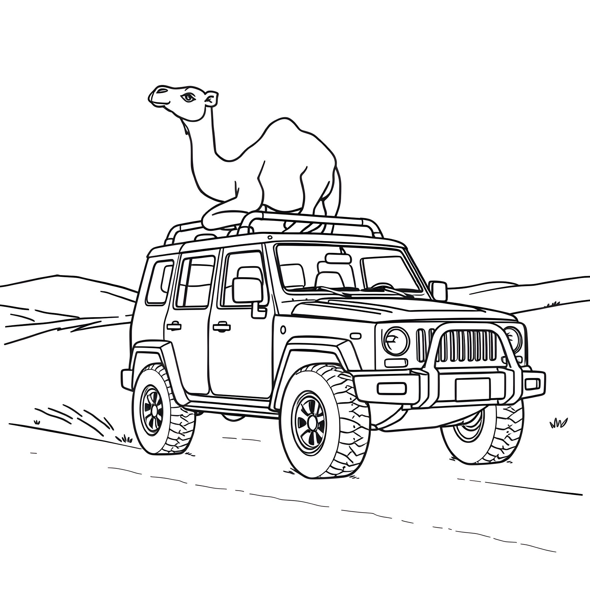 Car with camel on roof in the desert Coloring Page (free black-and-white line drawing printable PDF for all, from beginners to advanced learners, including children, teens, adults, and seniors)