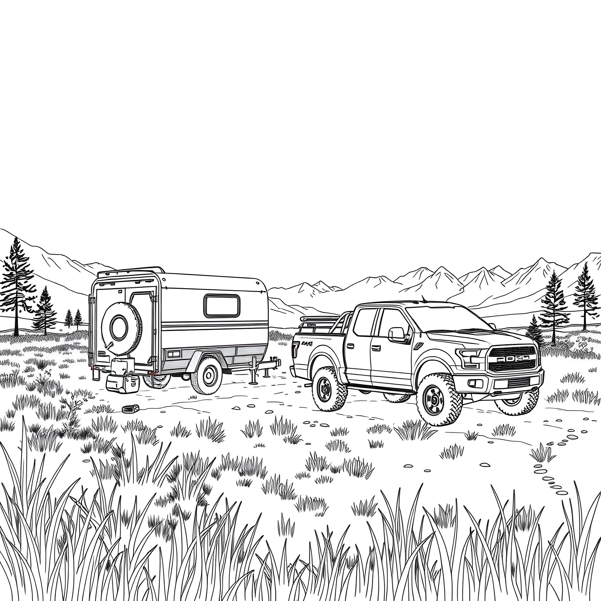 Car Trailer Carrying Rugged Outdoor Vehicle in Scenic Landscape Coloring Page (free black-and-white line drawing printable PDF for all, from beginners to advanced learners, including children, teens, adults, and seniors)